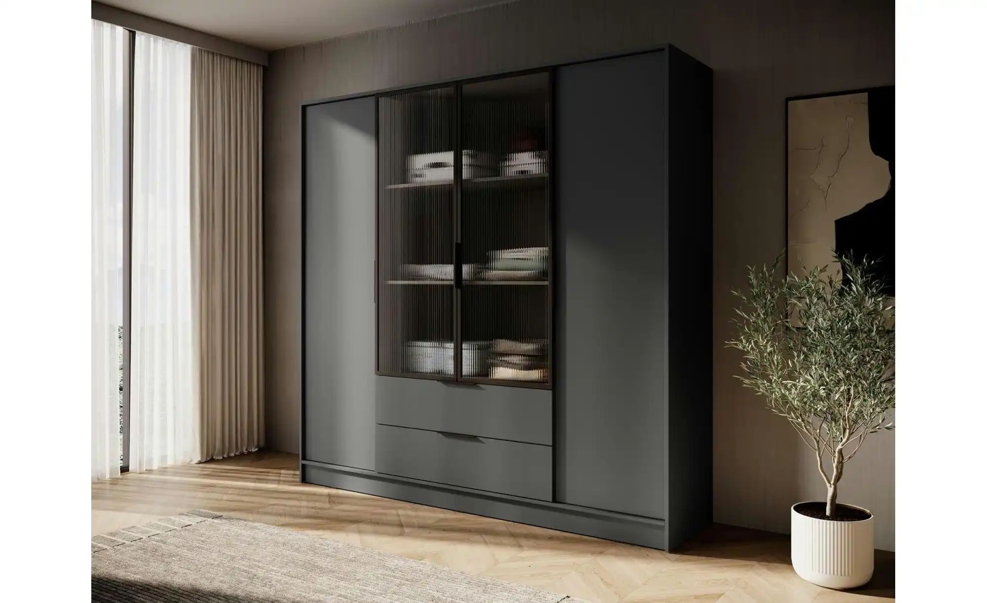 Drehtürenschrank mit 2 Schubladen Lyke ¦ schwarz ¦ Maße (cm): B: 206 H: 200 günstig online kaufen