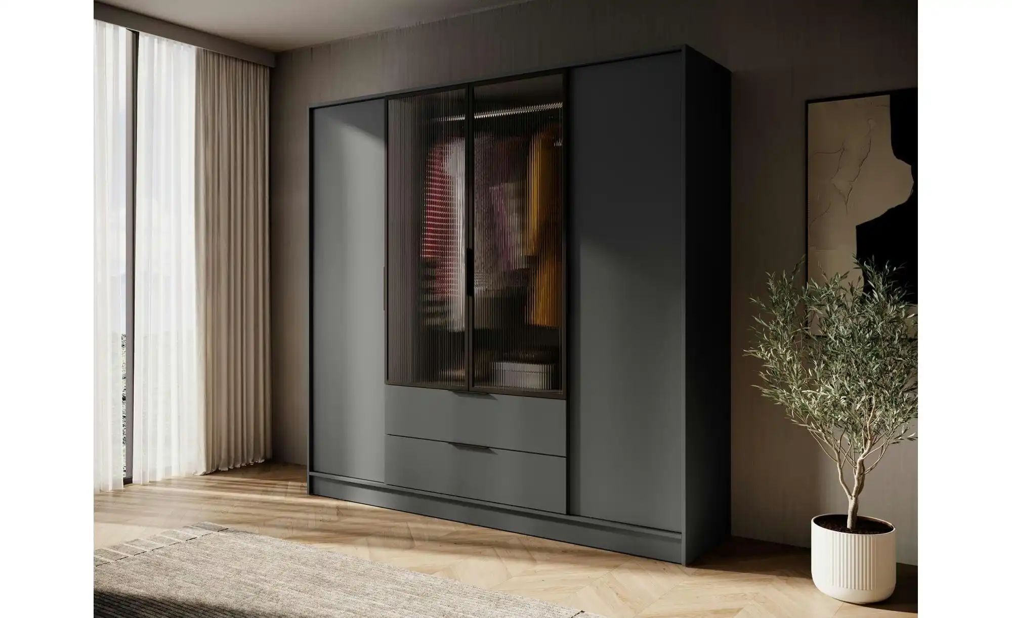 Thumbnail - Drehtürenschrank mit 2 Schubladen Lyke ¦ schwarz ¦ Maße (cm): B: 206 H: 200 Schränke > Kleiderschränke > Drehtürenschrän...