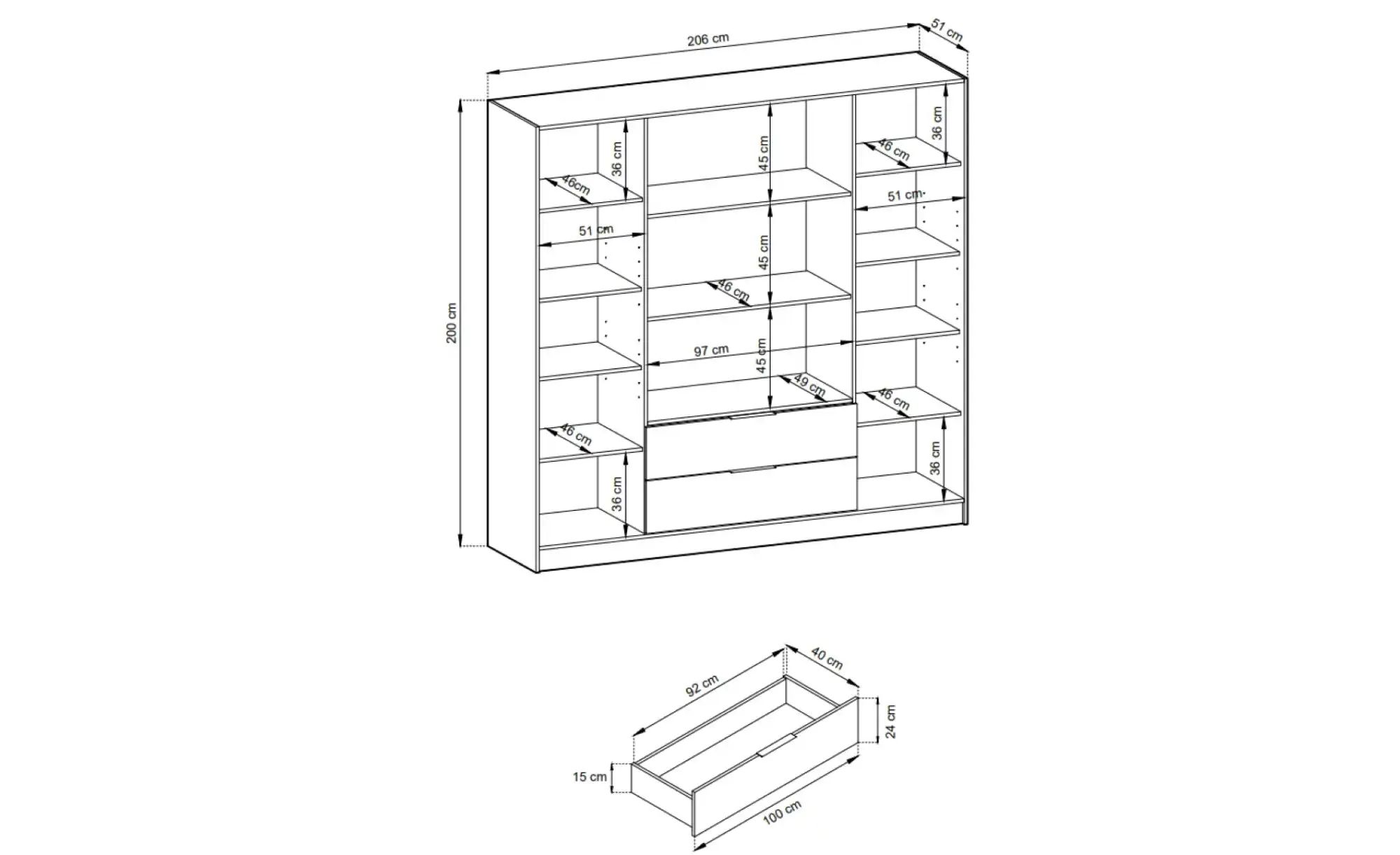 Drehtürenschrank mit 2 Schubladen Lyke ¦ schwarz ¦ Maße (cm): B: 206 H: 200 günstig online kaufen