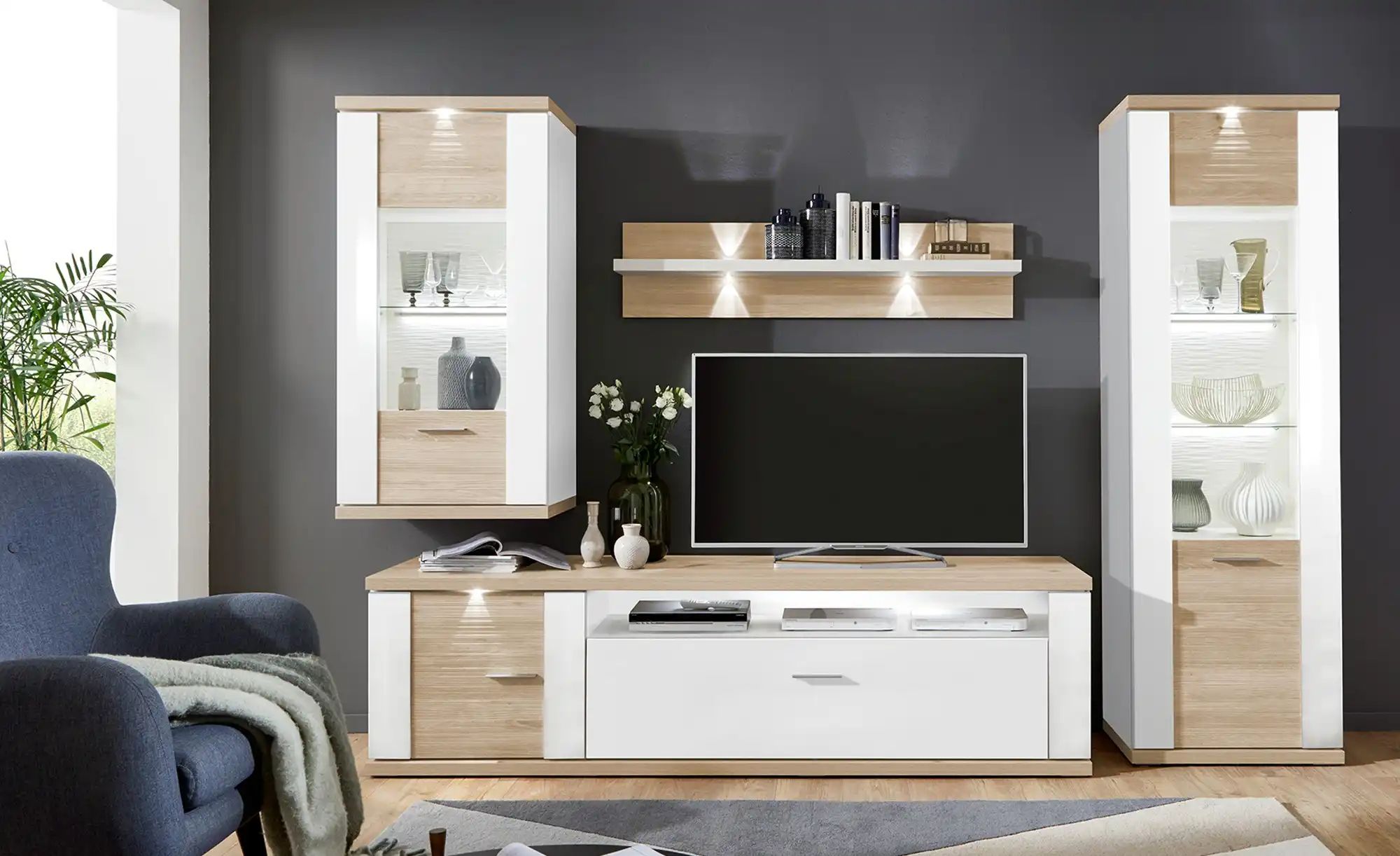uno Wohnkombination  Titan ¦ weiß ¦ Maße (cm): B: 303 H: 207 T: 52.0 Wohnwä günstig online kaufen