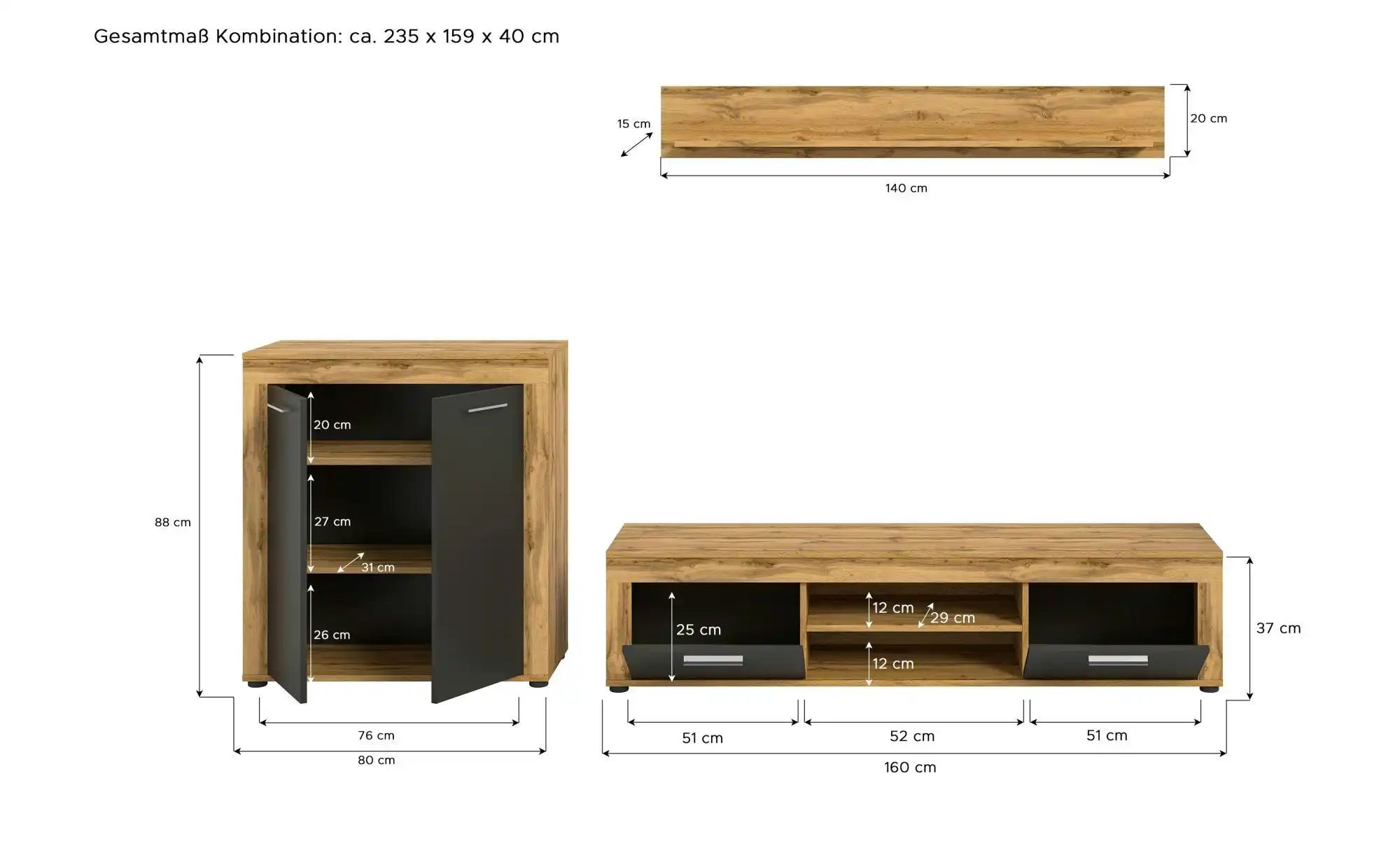 Wohnwand   ¦ holzfarben ¦ Maße (cm): B: 255 H: 159 Wohnwände - Höffner günstig online kaufen