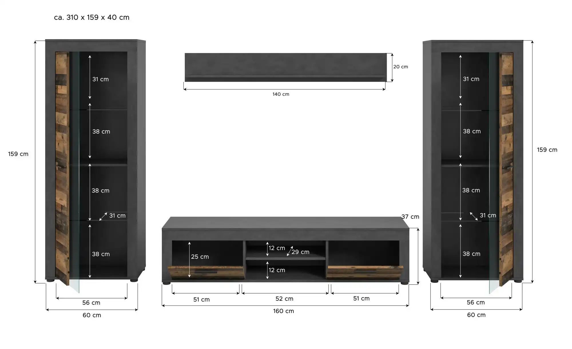 Thumbnail - Wohnwand  Bardenas ¦ schwarz ¦ Maße (cm): B: 310 H: 159 T: 35.0 Kommoden & Sideboards > Wohnwände - Höffner
