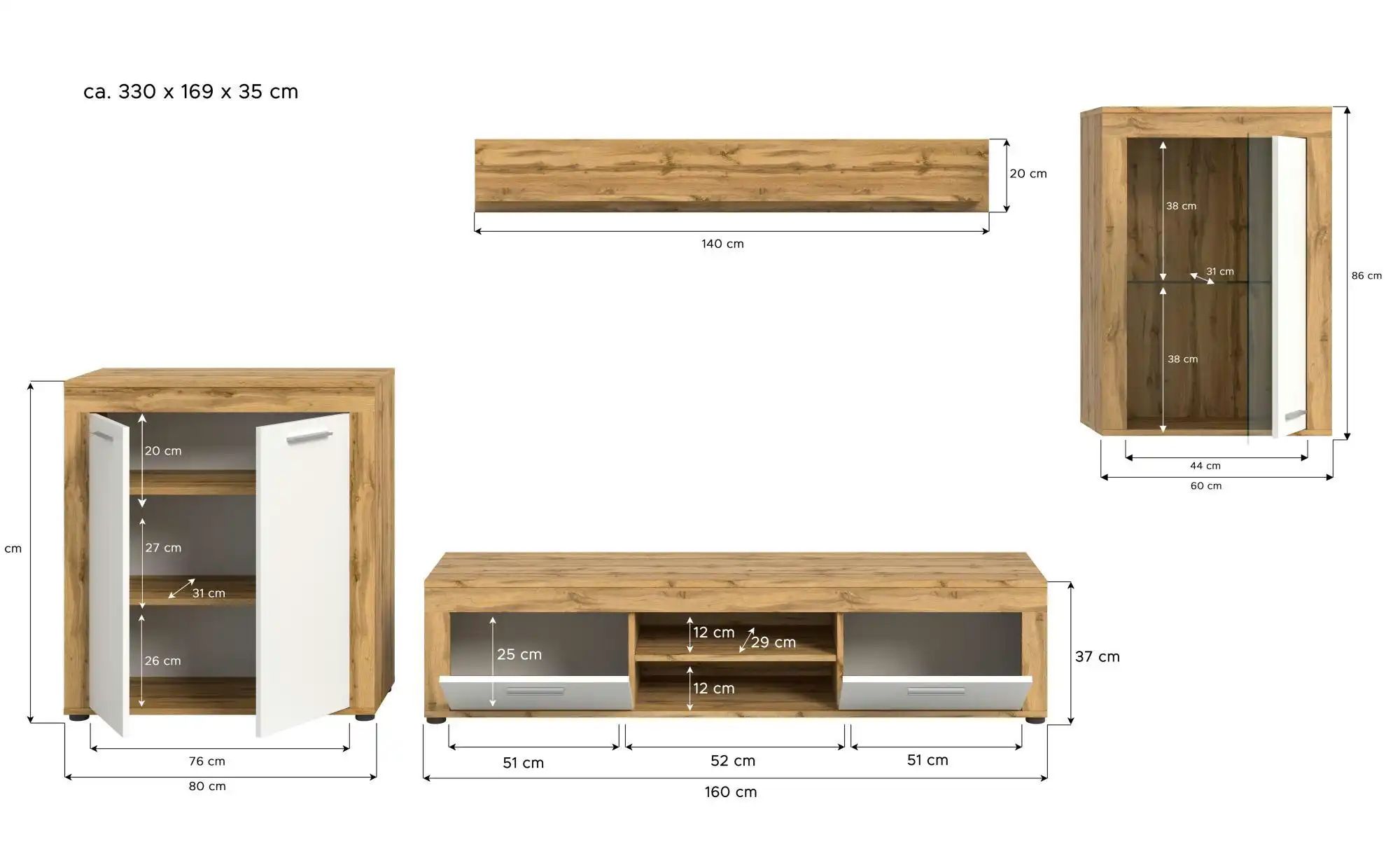 Thumbnail - Wohnwand Bardenas ¦ holzfarben ¦ Maße (cm): B: 330 H: 169 T: 35.0 Kommoden & Sideboards > Wohnwände - Höffner