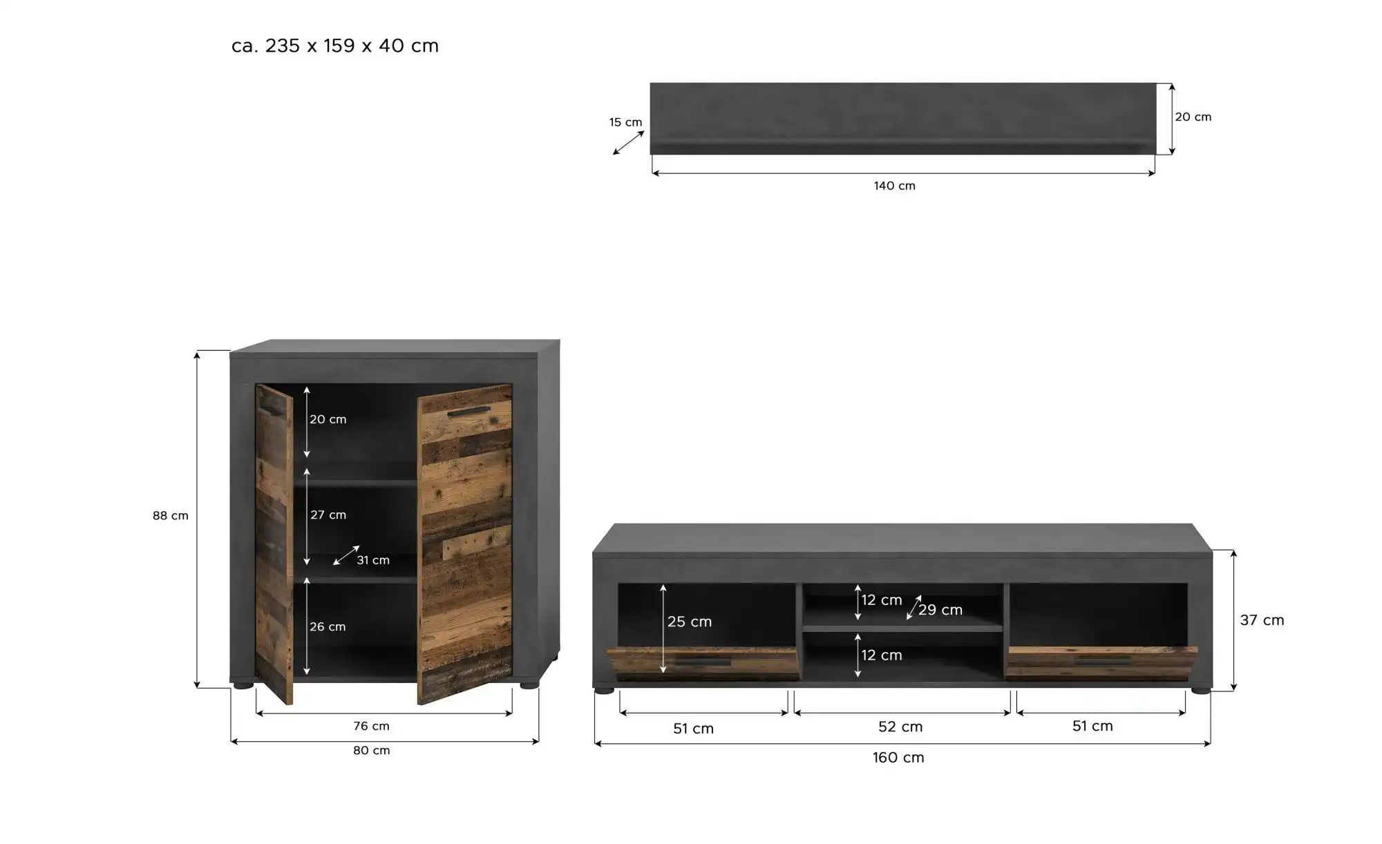 Wohnwand   ¦ schwarz ¦ Maße (cm): B: 255 H: 159 Wohnwände - Höffner günstig online kaufen