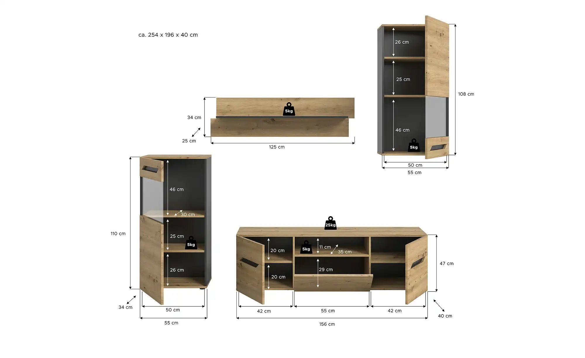 Wohnkombination  Ventos ¦ holzfarben ¦ Maße (cm): B: 253 H: 196 T: 40.0 Kom günstig online kaufen