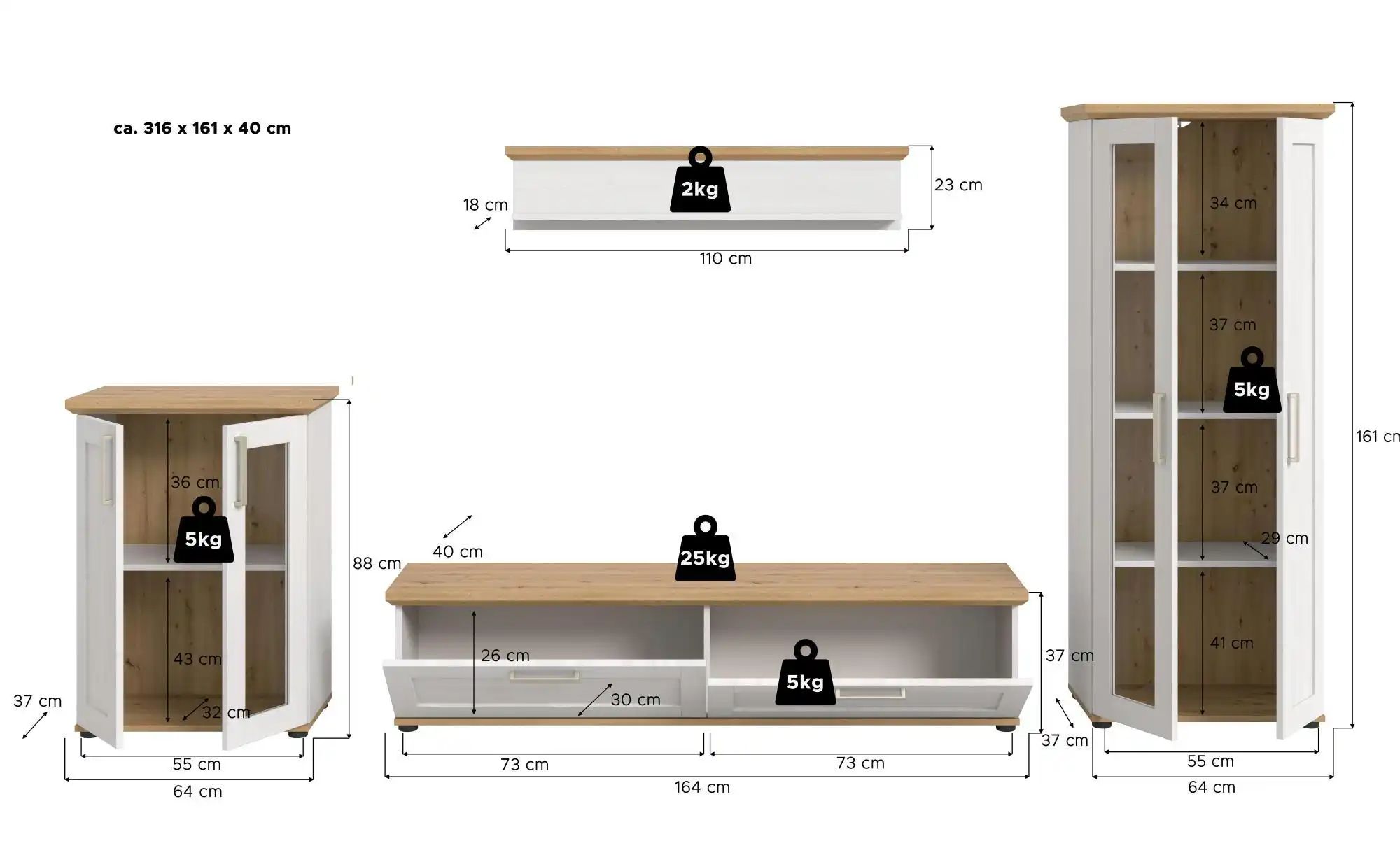 Wohnkombination   ¦ holzfarben ¦ Maße (cm): B: 336 H: 161 Kommoden & Sidebo günstig online kaufen