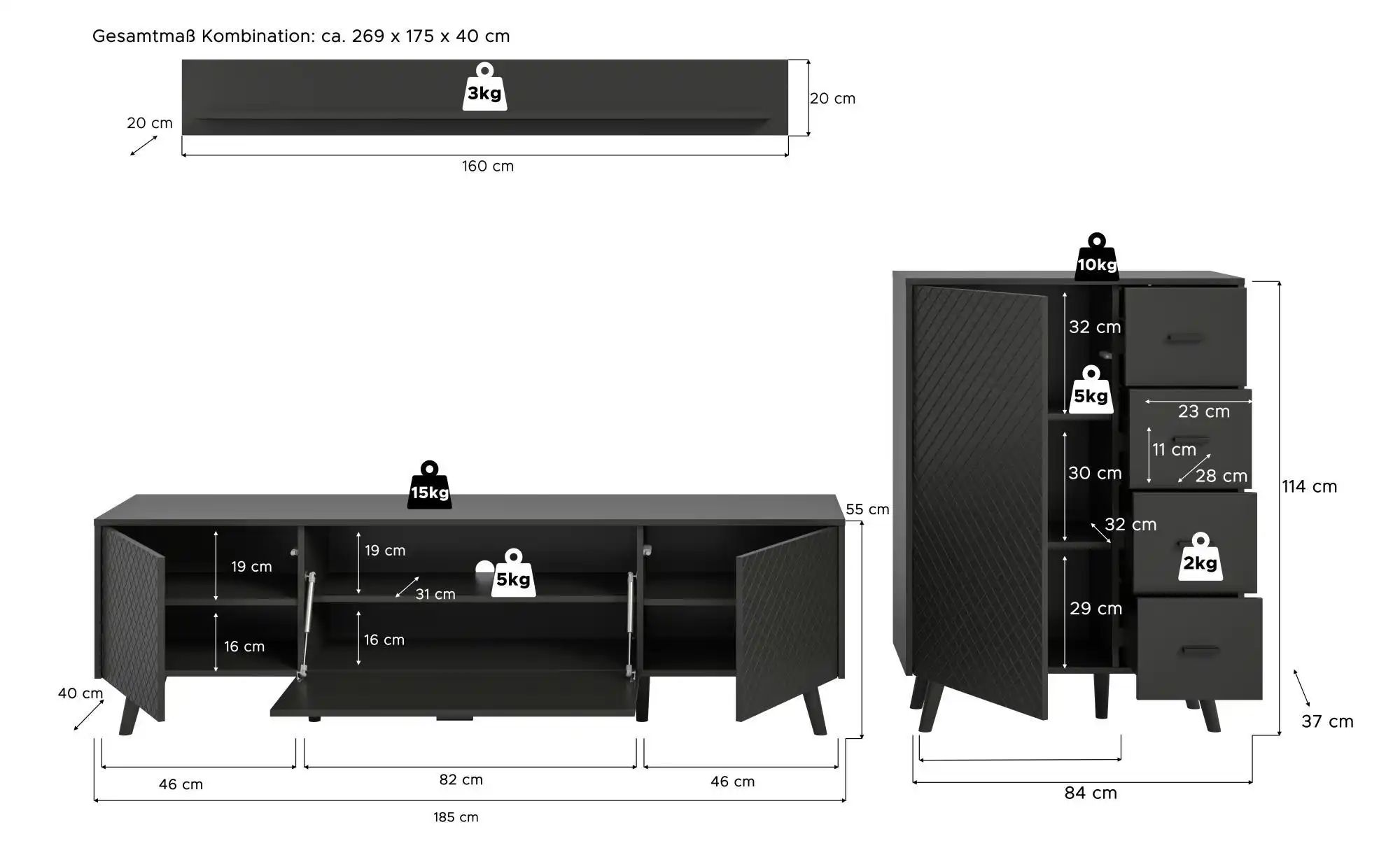 Wohnkombination  Linea ¦ grau ¦ Maße (cm): B: 269 H: 175 Kommoden & Sideboa günstig online kaufen