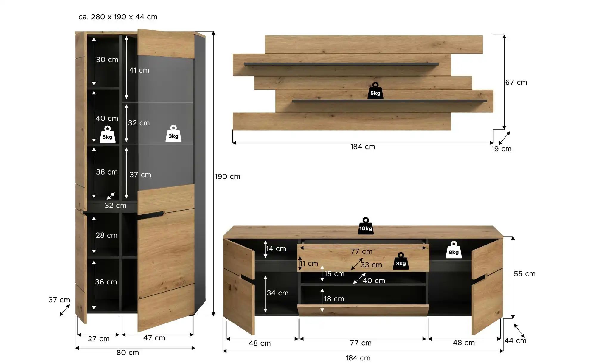 Wohnwand   ¦ grau ¦ Maße (cm): B: 280 H: 190 Kommoden & Sideboards > Wohnwä günstig online kaufen