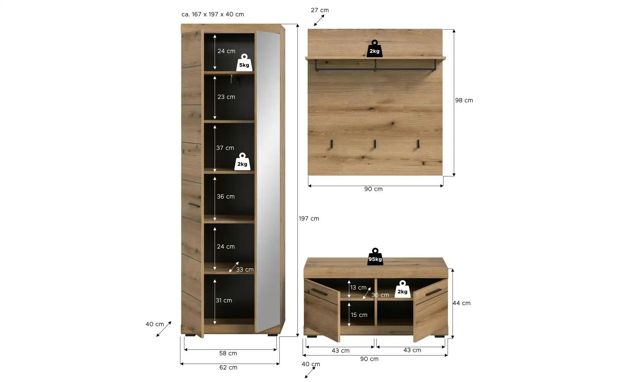 Garderobenkombination   ¦ holzfarben ¦ Maße (cm): B: 167 H: 197 Garderoben günstig online kaufen