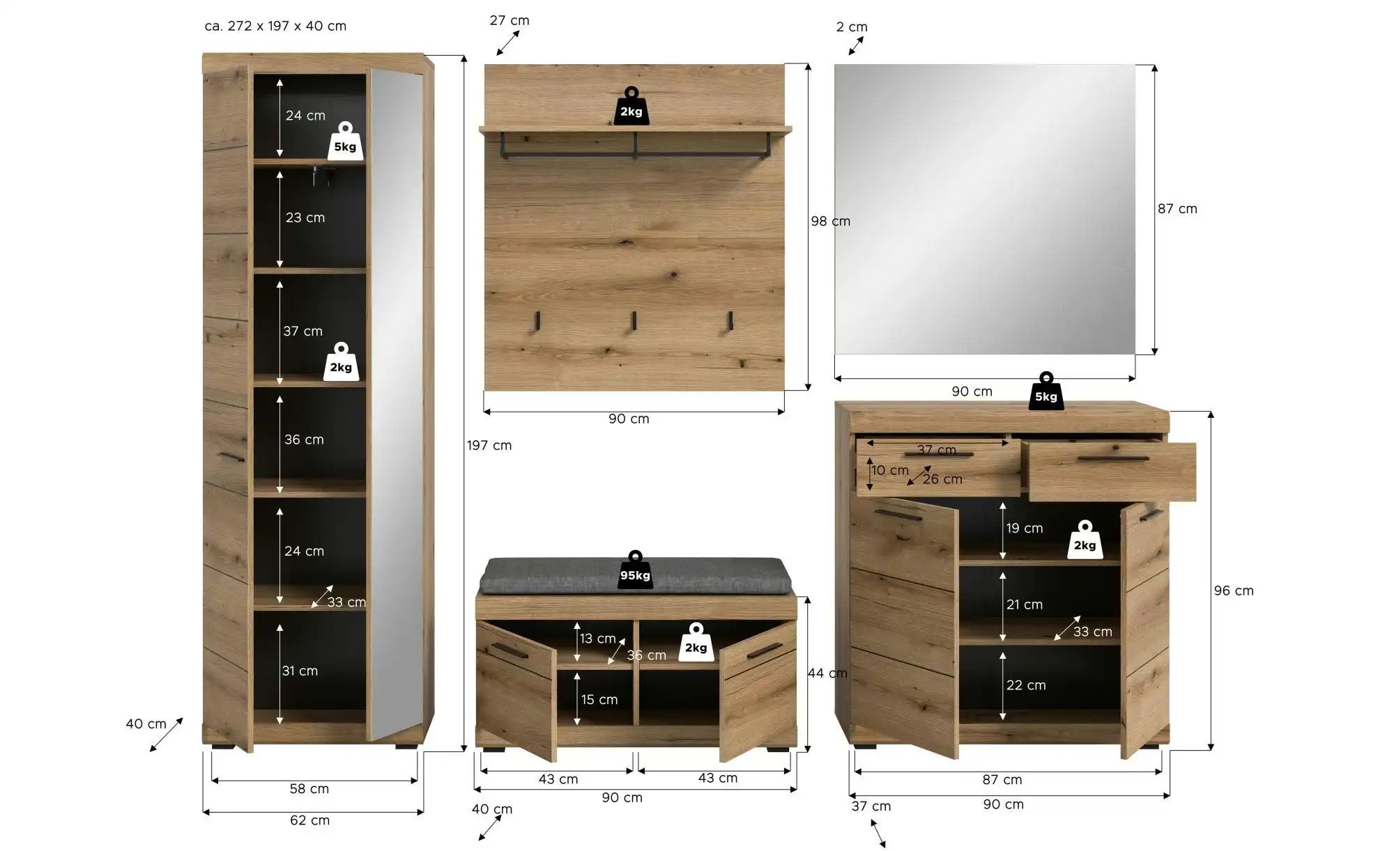 Thumbnail - Garderobenkombination ¦ holzfarben ¦ Maße (cm): B: 272 H: 197 Garderoben & Kleiderstangen > Garderobensysteme - Höffne...