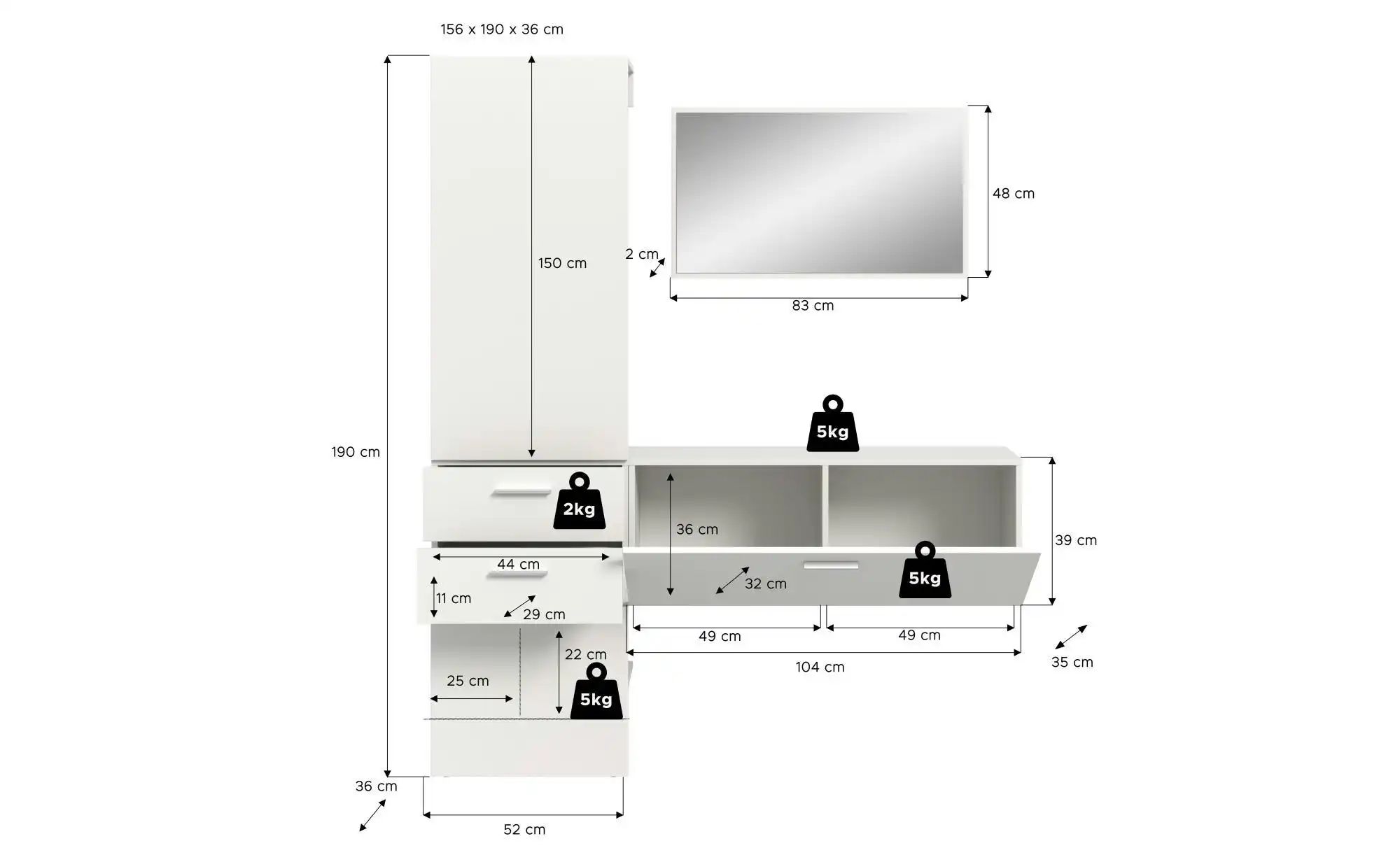 Garderobenkombination   ¦ weiß ¦ Maße (cm): B: 156 H: 190 Garderoben & Klei günstig online kaufen