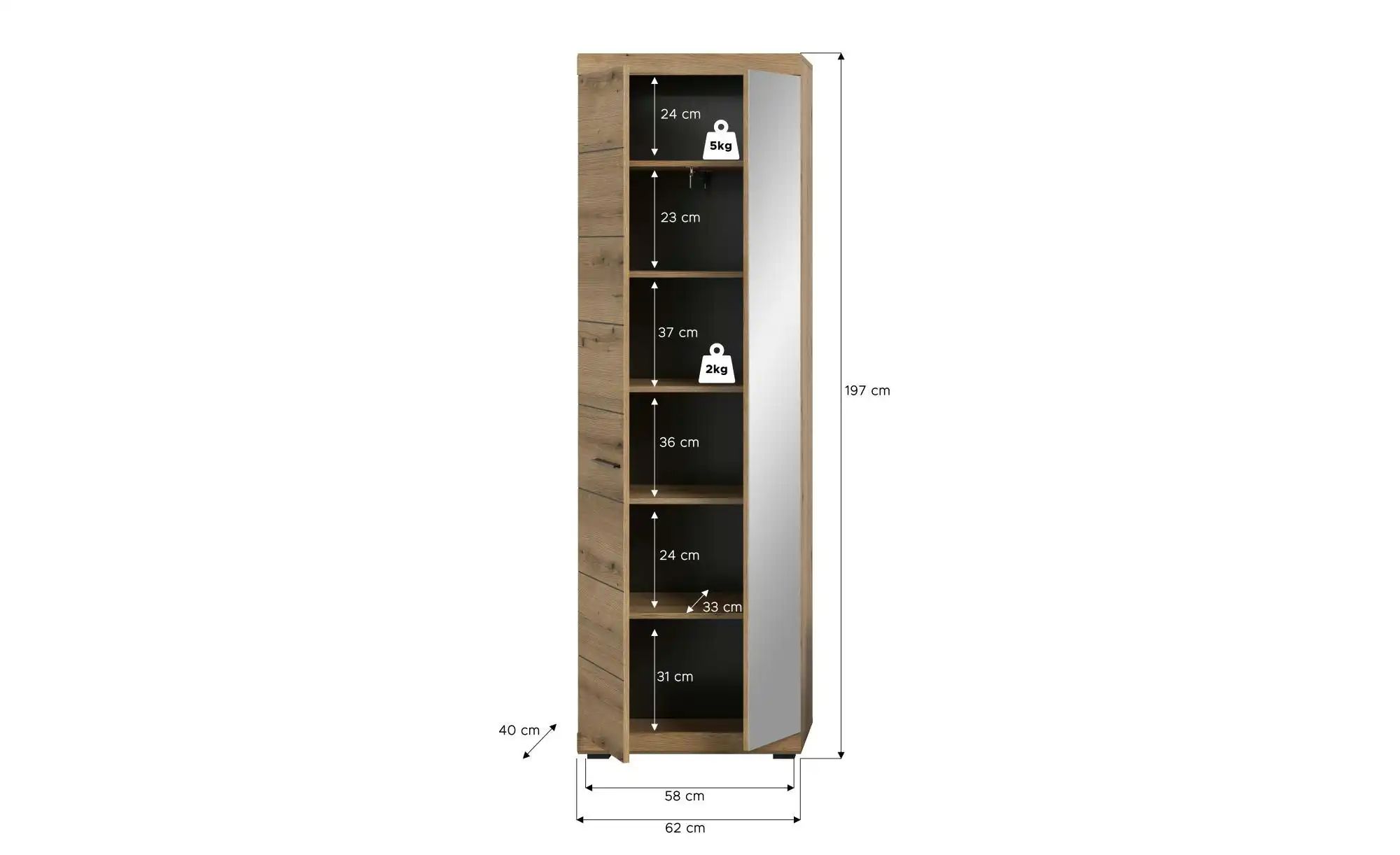 Garderobenschrank   ¦ holzfarben ¦ Maße (cm): B: 62 H: 197 Schränke > Diele günstig online kaufen