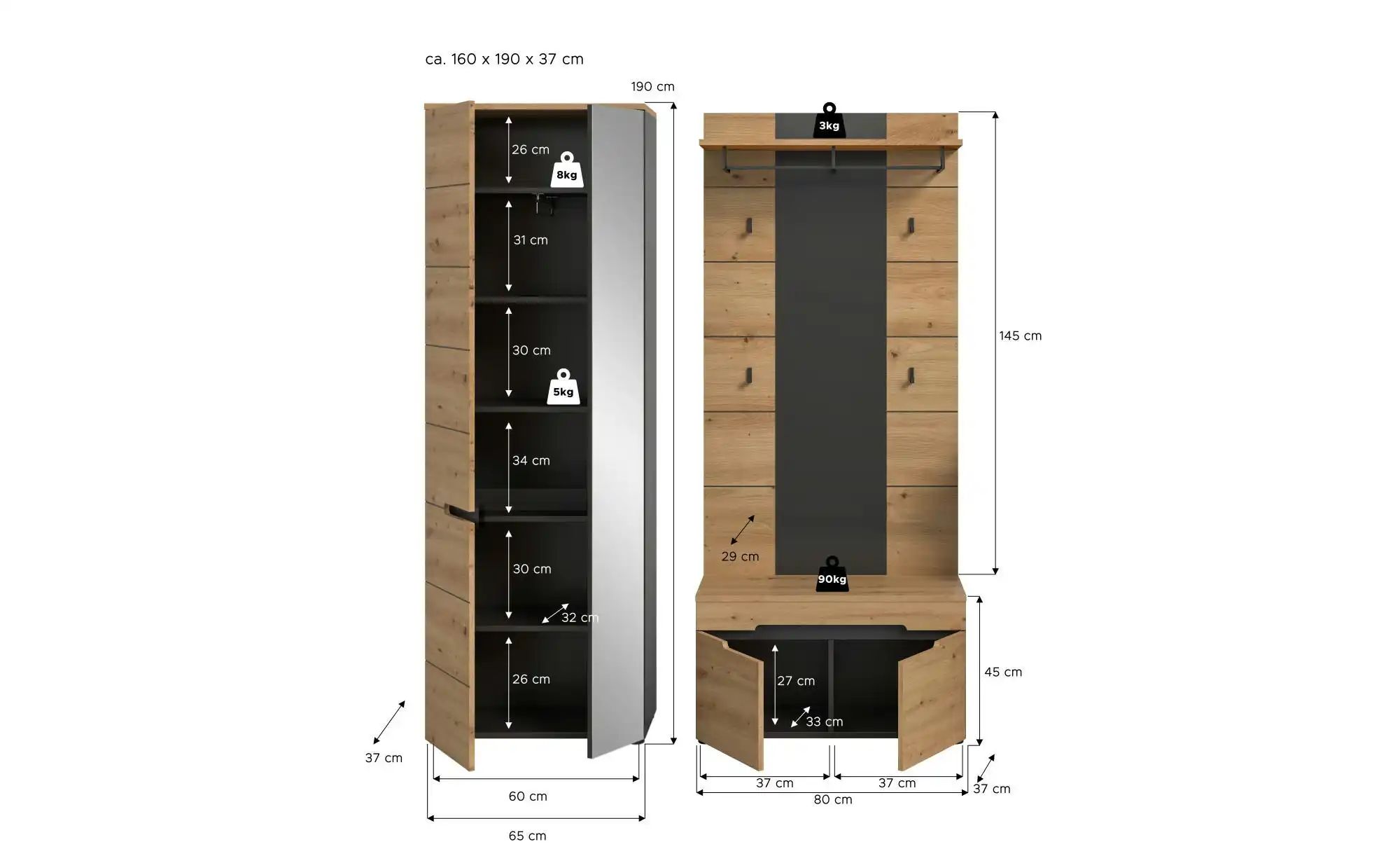 Garderobenkombination   ¦ grau ¦ Maße (cm): B: 160 H: 190 Garderoben & Klei günstig online kaufen
