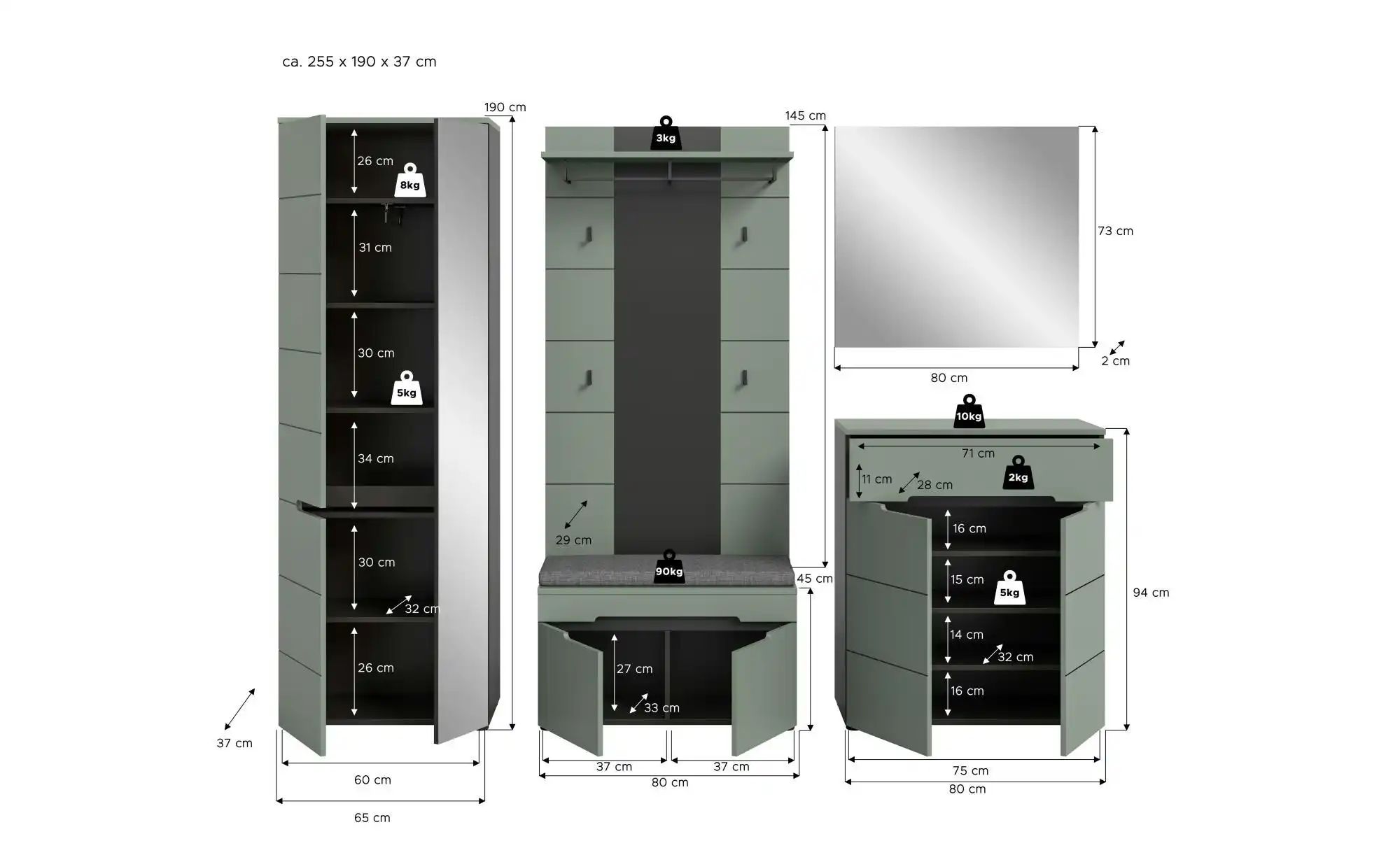 Thumbnail - Garderobenkombination 4-teilig  Canu ¦ grau ¦ Maße (cm): B: 255 H: 190 Garderoben & Kleiderstangen > Garderobensysteme -...