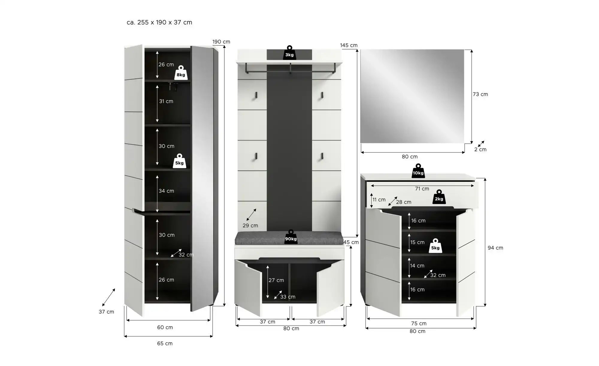 Garderobenkombination   ¦ grau ¦ Maße (cm): B: 255 H: 190 Garderoben & Klei günstig online kaufen
