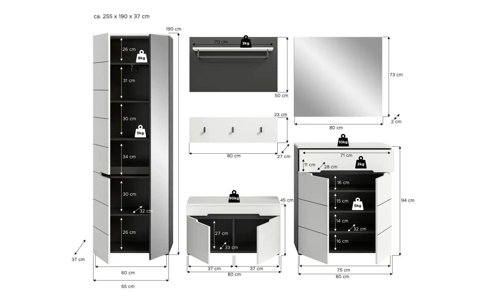 Garderobenkombination   ¦ grau ¦ Maße (cm): B: 255 H: 190 Garderoben & Klei günstig online kaufen