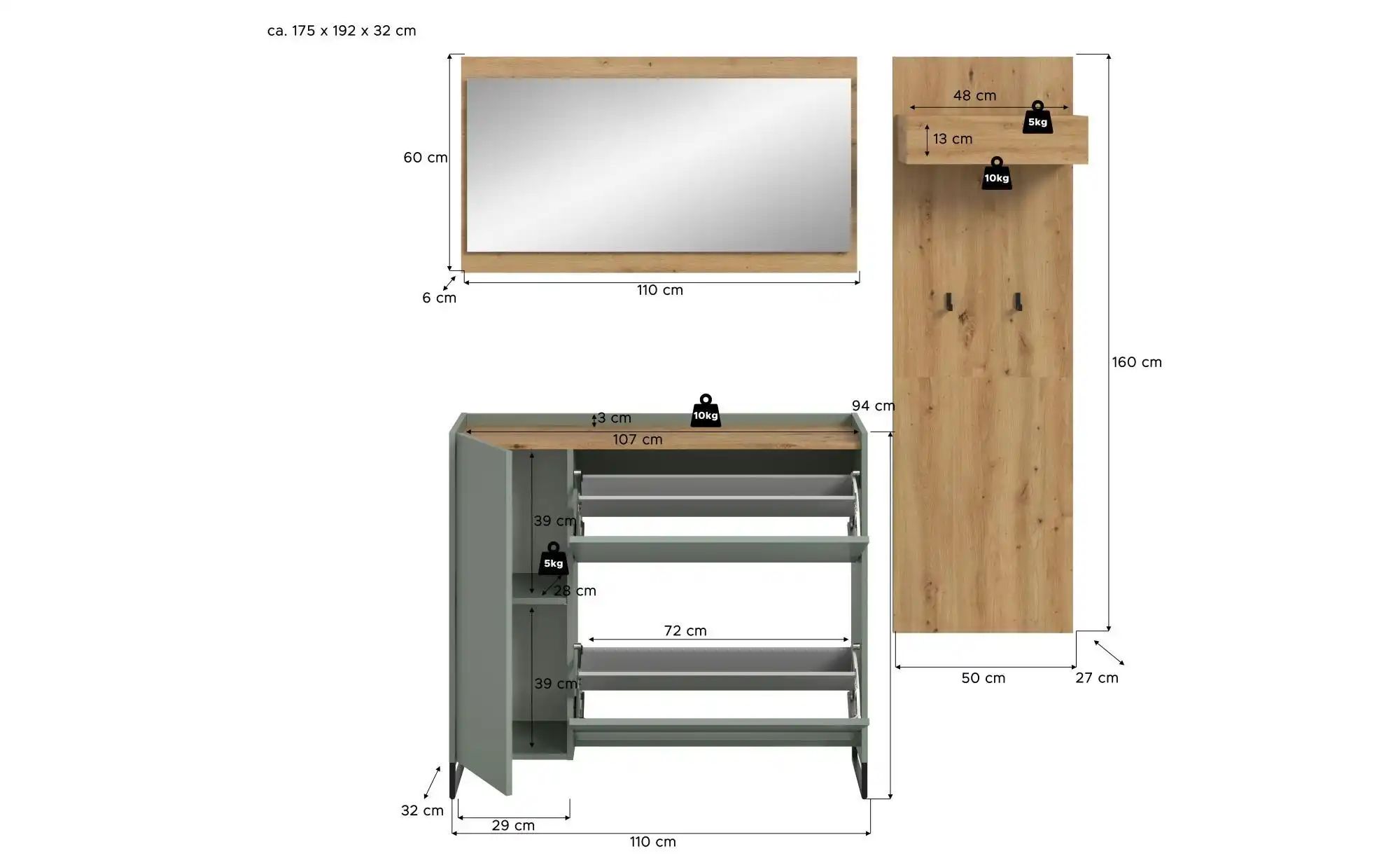 Garderobenkombination   ¦ grün ¦ Maße (cm): B: 192 H: 175 Garderoben & Klei günstig online kaufen