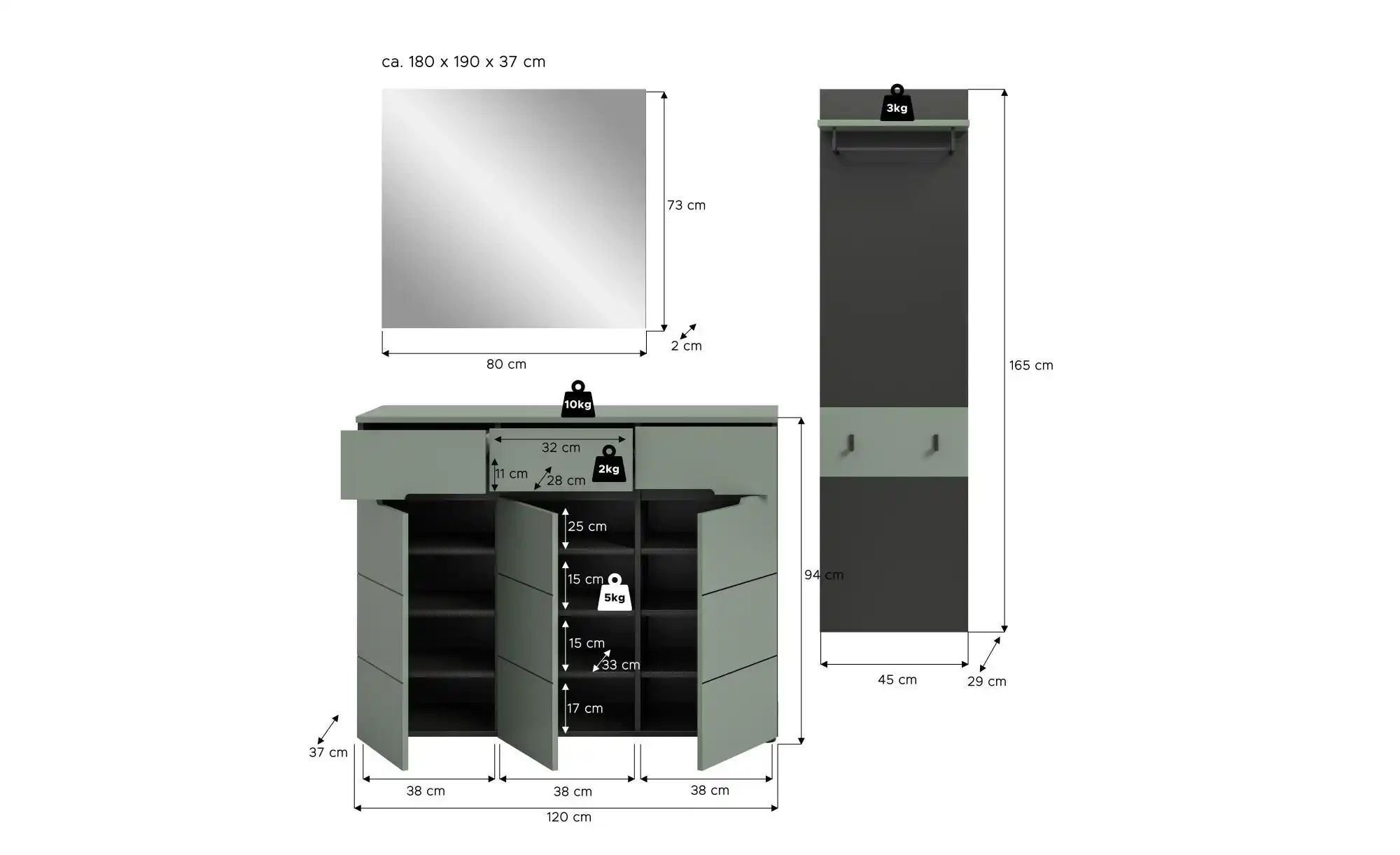 Garderobenkombination   ¦ grau ¦ Maße (cm): B: 180 H: 190 Garderoben & Klei günstig online kaufen