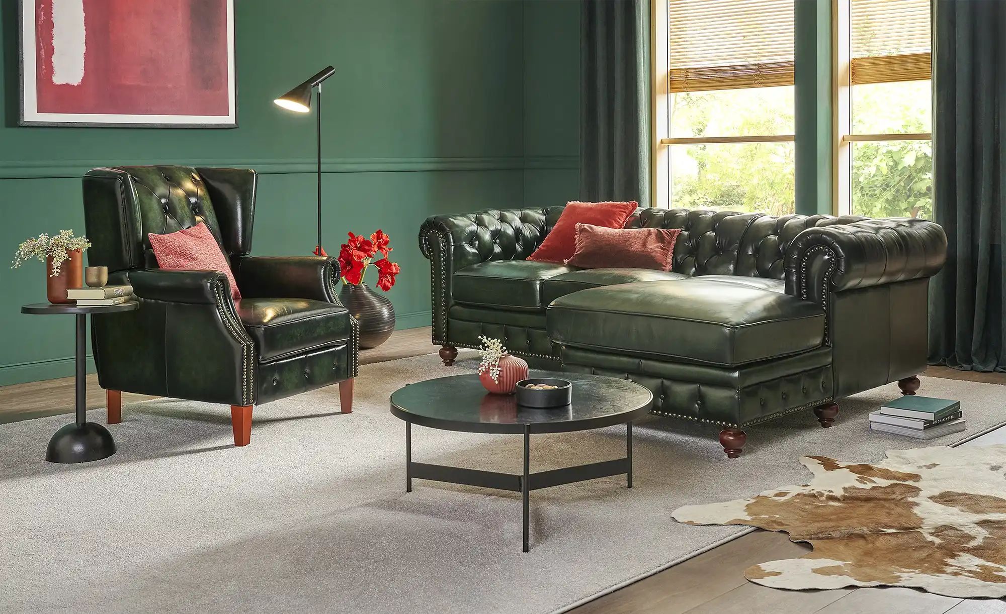 Thumbnail - uno Ecksofa Bezug aus Echtleder Chesterfield ¦ grün Polstermöbel > Sofas > Ecksofas - Höffner