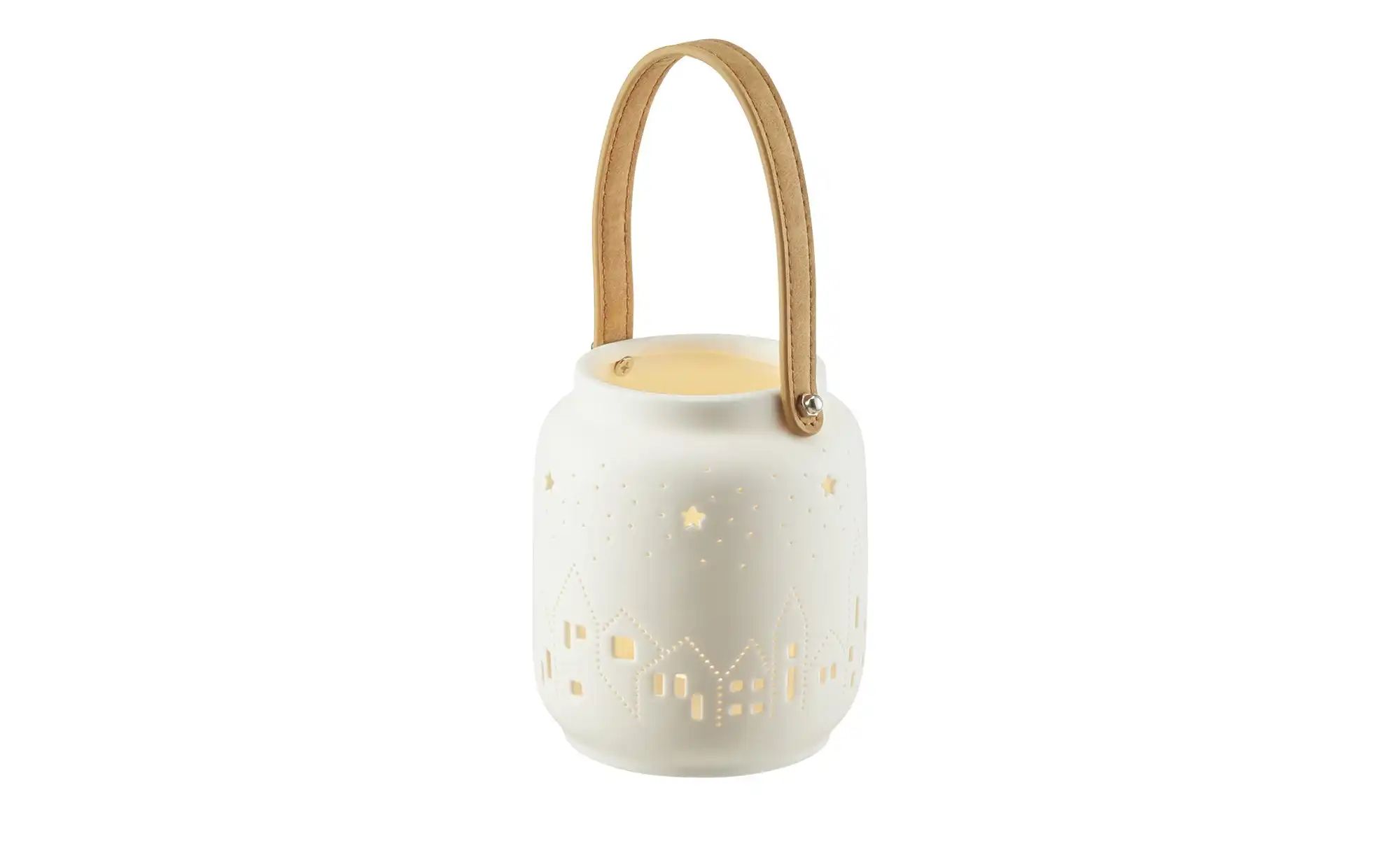 HOME STORY Windlicht   ¦ weiß ¦ Steingut,Kunstleder ¦ Maße (cm): H: 14  Ø: günstig online kaufen