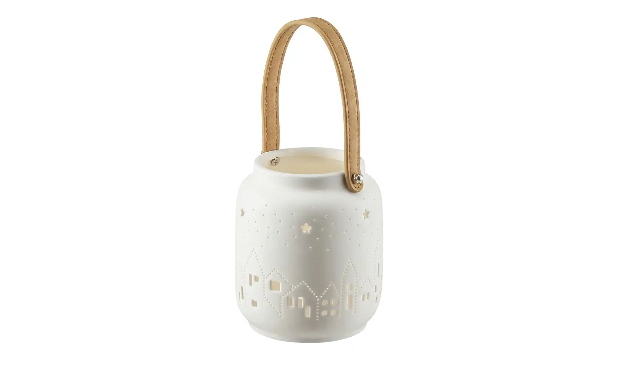 HOME STORY Windlicht   ¦ weiß ¦ Steingut,Kunstleder ¦ Maße (cm): H: 14  Ø: günstig online kaufen