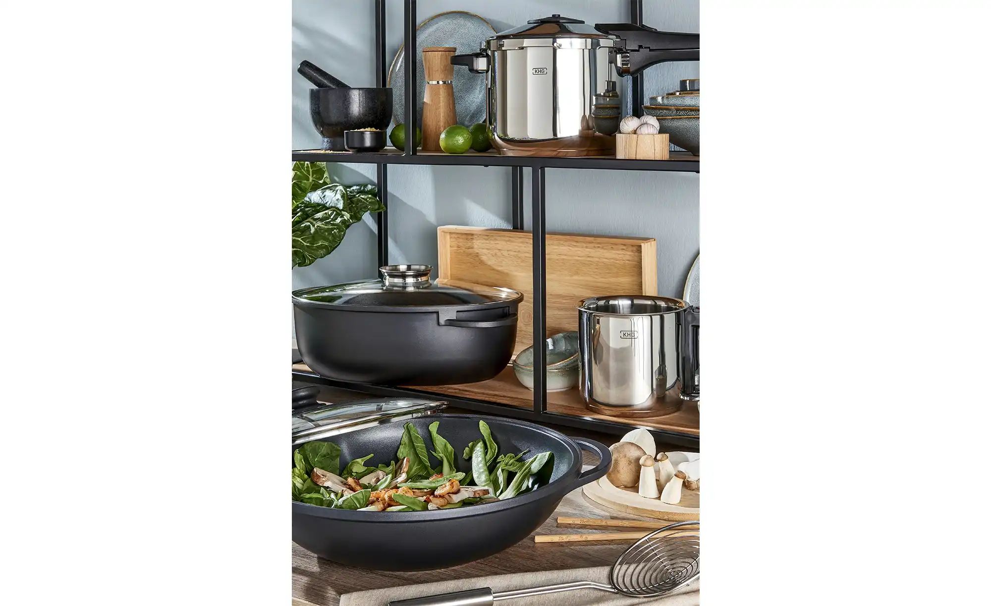 KHG Wok   ¦ schwarz ¦ Aluminium-Guss ¦ Maße (cm): H: 9  Ø: 36 Töpfe & Pfann günstig online kaufen