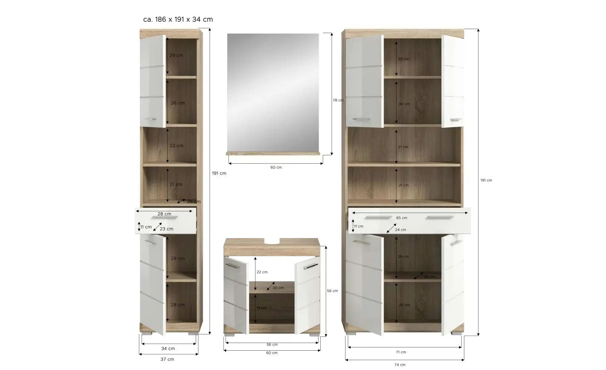 Thumbnail - Badmöbel-Set SCHLOONSEE  4 teilig  bestehend aus: Hochschrank  Waschbeckenunterschrank  Badspiegel  Hochschrank breit  S...