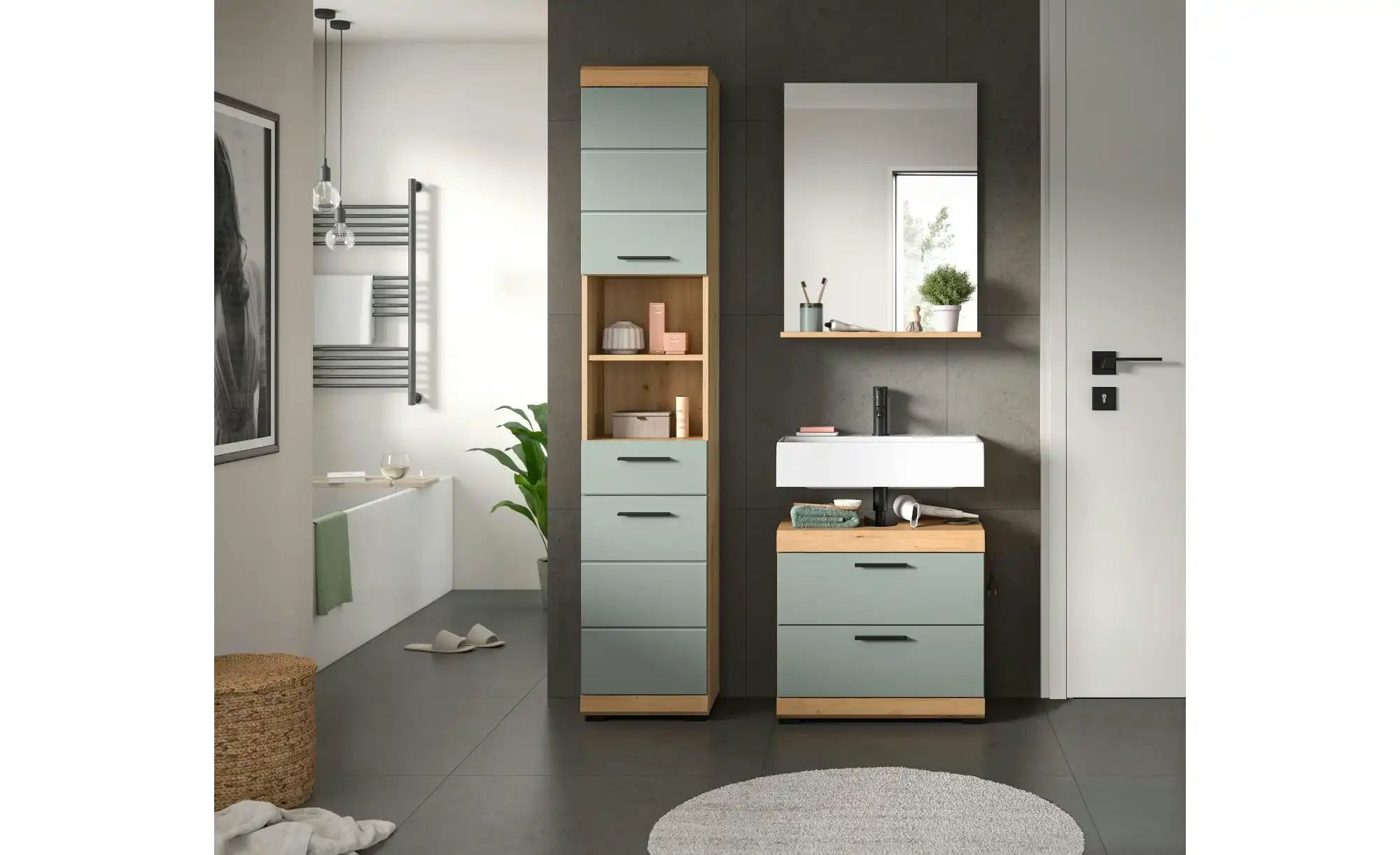 Thumbnail - Badmöbel-Set SCHLOONSEE  3 teilig  bestehend aus: Hochschrank  Waschbeckenunterschrank  Spiegel  Schloonsee ¦ grün ¦ Maß...