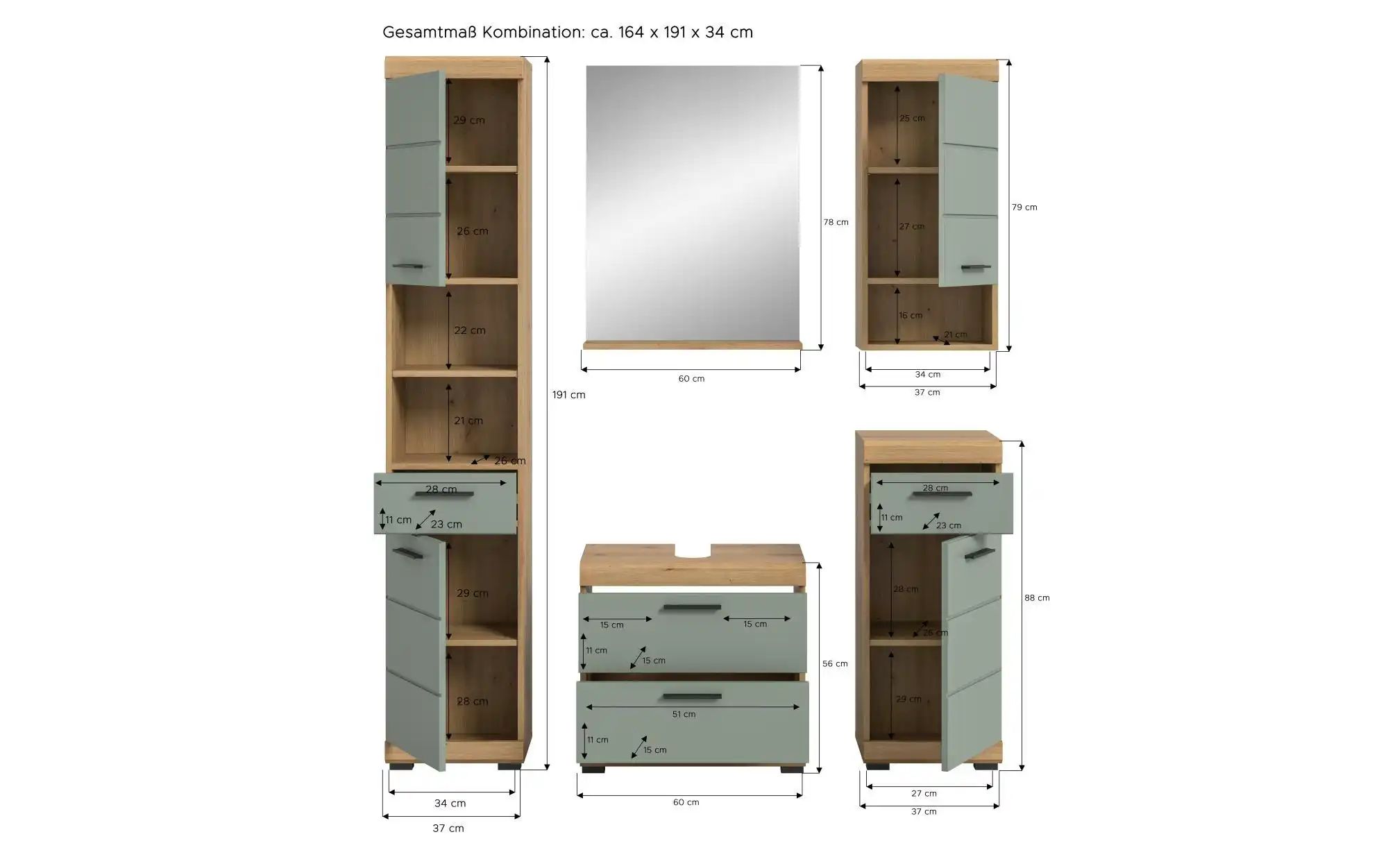 Thumbnail - Badmöbel-Set SCHLOONSEE  5 teilig  bestehend aus: Hochschrank  WBU  Spiegel  Unterschrank  Hängeschrank  Schloonsee ¦ gr...