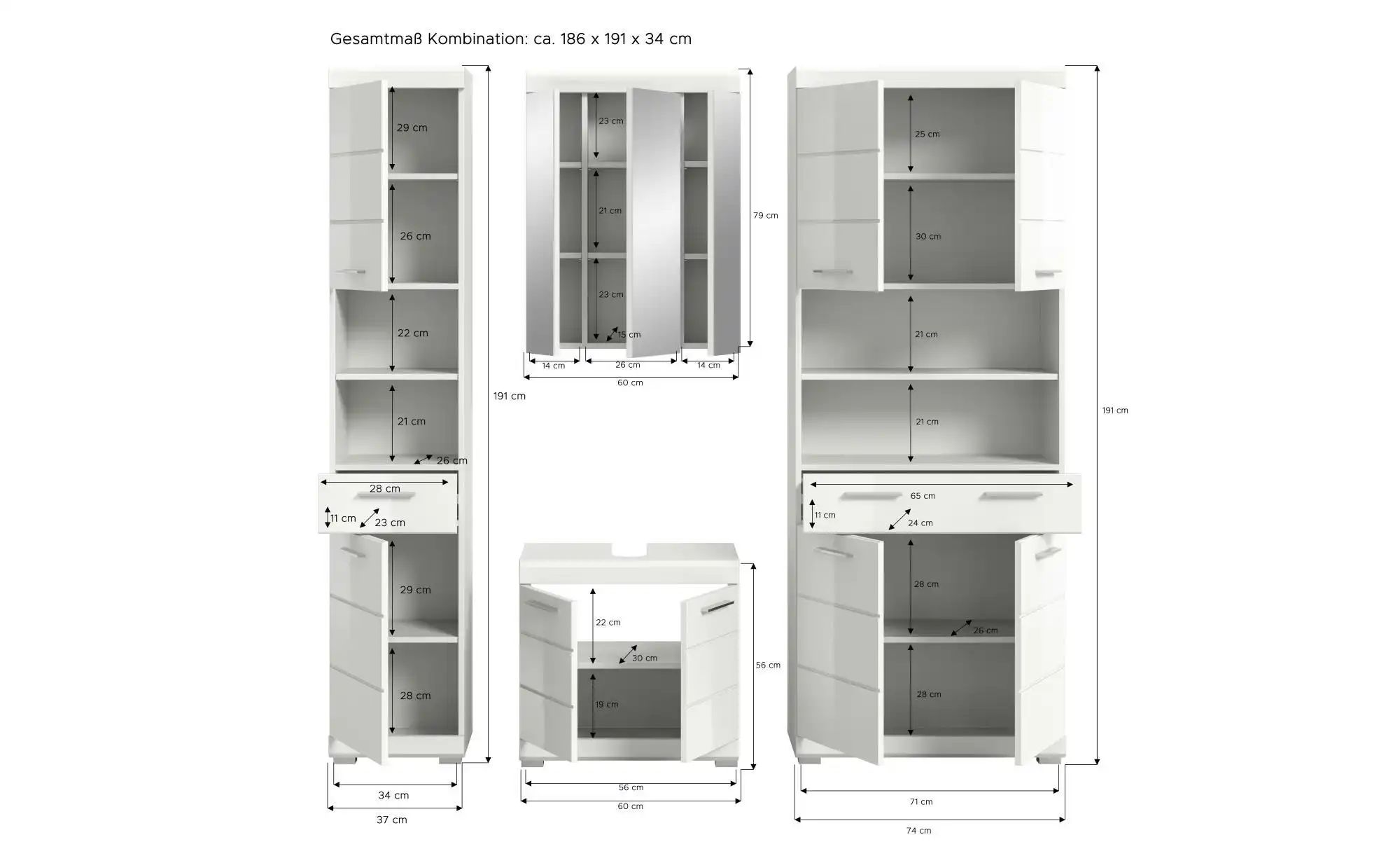 Badkombination ¦ weiß ¦ Maße (cm): B: 186 H: 191 Schränke > Badschränke > K günstig online kaufen