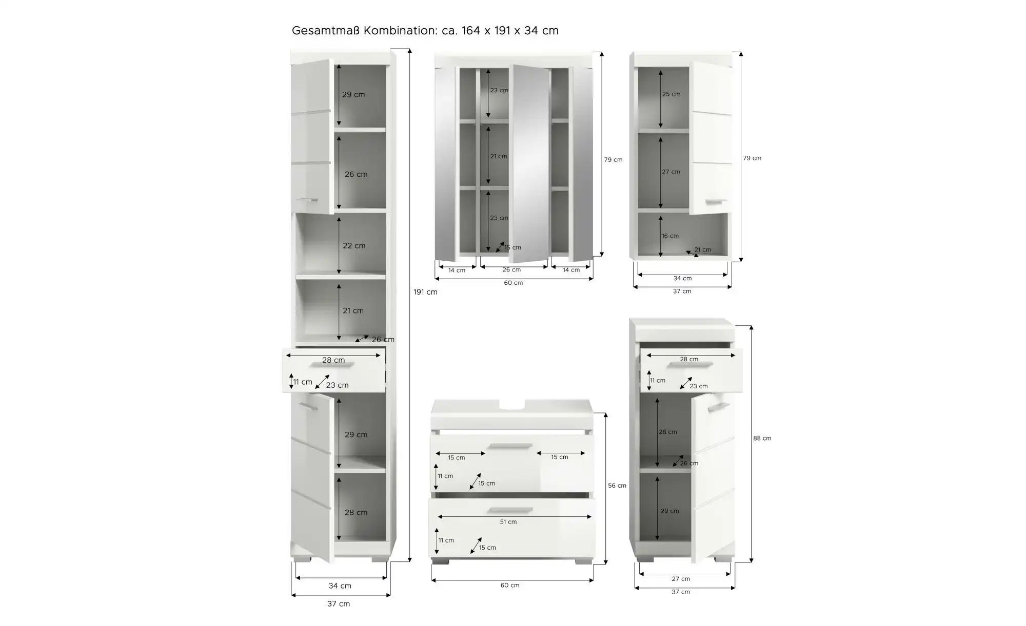 Thumbnail - Badmöbel-Set SCHLOONSEE  5 teilig  bestehend aus:  Hochschrank  WBU  Spiegelschrank  Unterschrank  Hängeschrank  Schloon...
