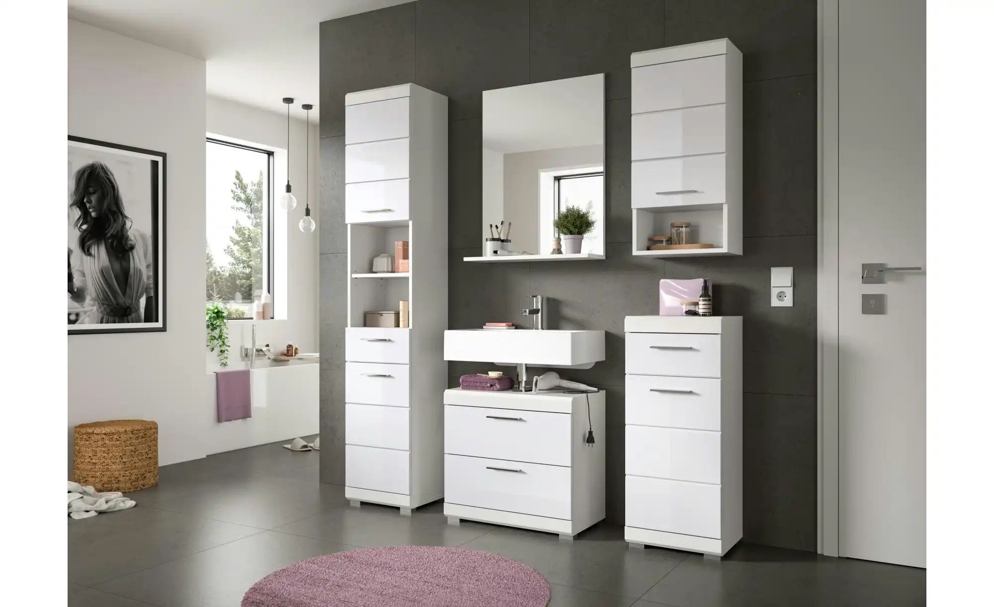 Thumbnail - Badmöbel-Set SCHLOONSEE  3 teilig  bestehend aus: Hochschrank  Waschbeckenunterschrank  Spiegel  Schloonsee ¦ weiß ¦ Maß...