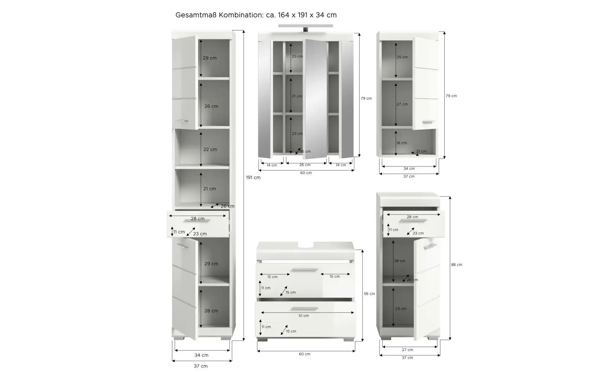 Badkombination ¦ weiß ¦ Maße (cm): B: 164 H: 191 Schränke > Badschränke > K günstig online kaufen