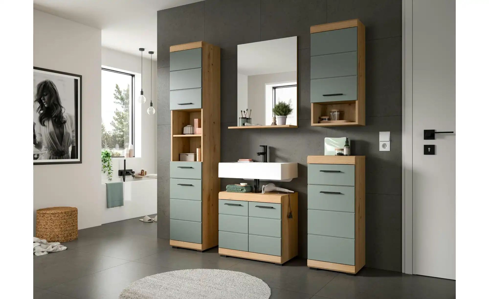 Thumbnail - Badmöbel-Set SCHLOONSEE  3 teilig  bestehend aus: Hochschrank  Waschbeckenunterschrank  Spiegel  Schloonsee ¦ grün ¦ Maß...