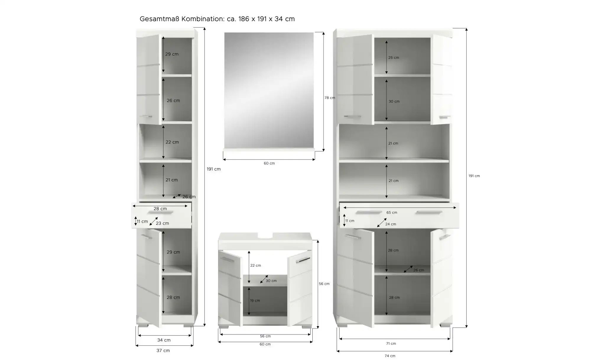 Badkombination ¦ weiß ¦ Maße (cm): B: 186 H: 191 Schränke > Badschränke > K günstig online kaufen