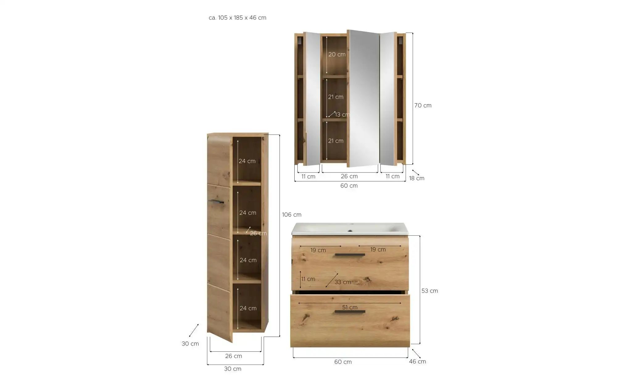 Badkombination   ¦ holzfarben ¦ Maße (cm): B: 105 H: 185 Schränke > Badschr günstig online kaufen