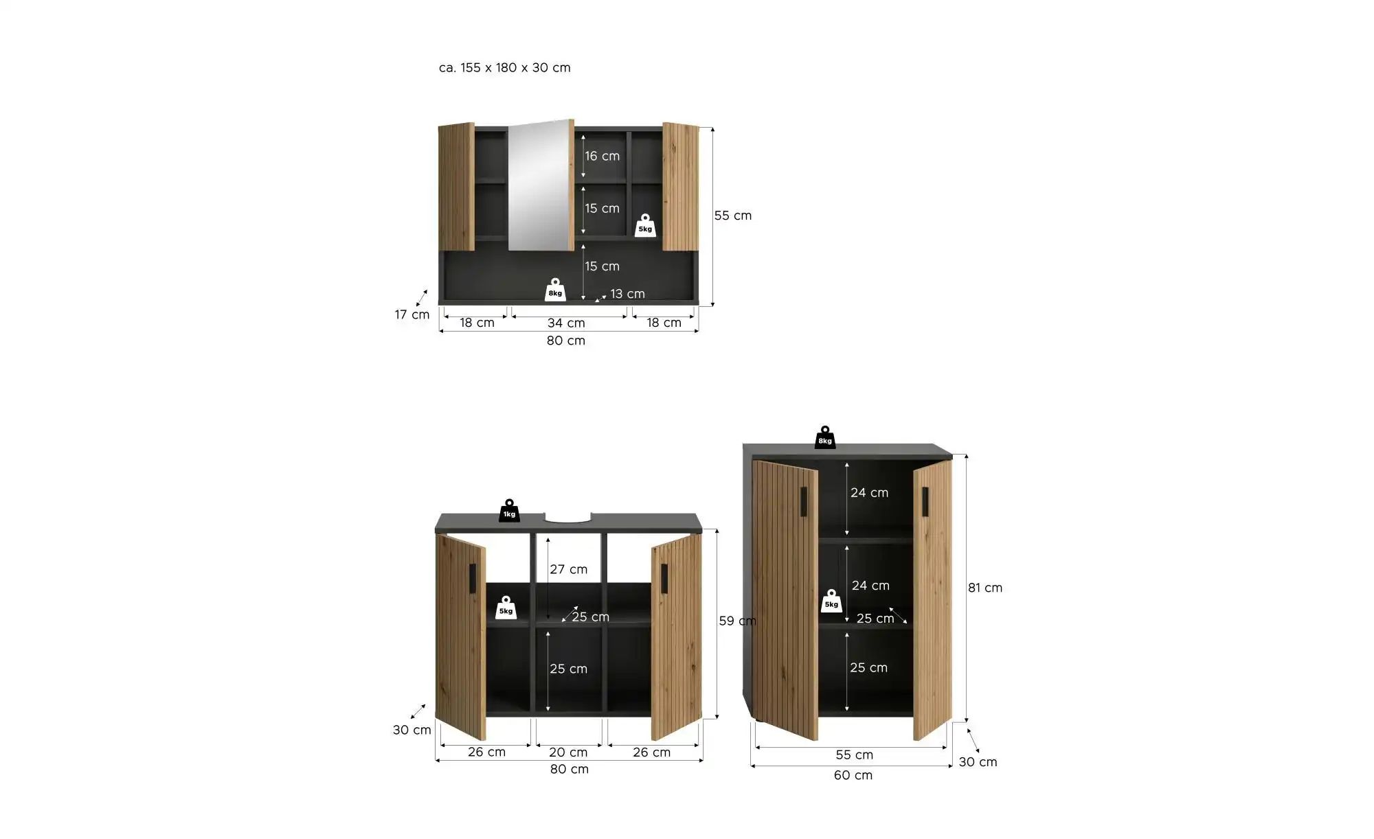 Badkombination   ¦ grau ¦ Maße (cm): B: 155 H: 180 Schränke > Badschränke > günstig online kaufen