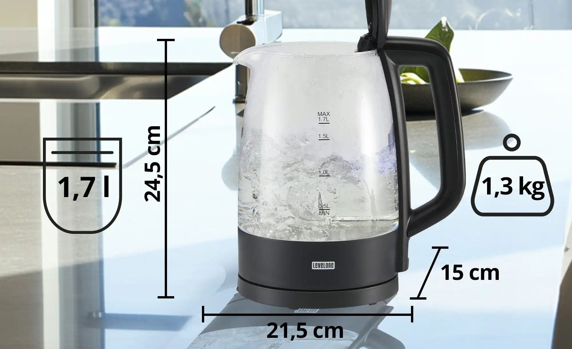 levelone Wasserkocher  WK-1719GS ¦ schwarz ¦ Glas,Kunststoff,Metall ¦ Maße günstig online kaufen