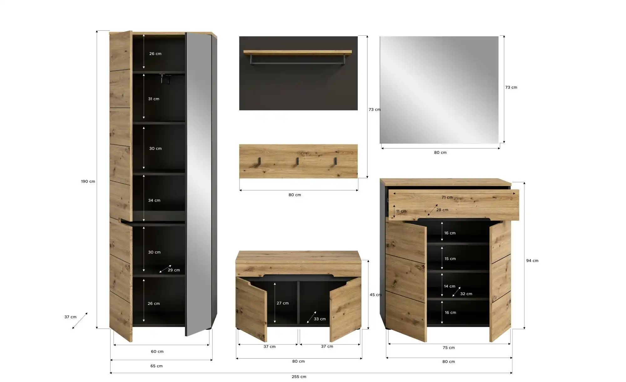 Garderobenkombination  Canu ¦ holzfarben ¦ Maße (cm): B: 255 H: 190 Gardero günstig online kaufen