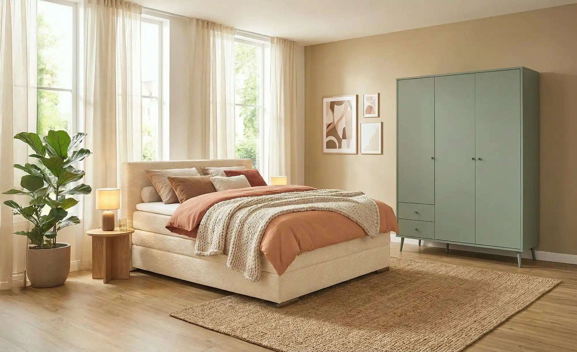 Thumbnail - smart Boxbett mit Topper Cordbezug Beige Basic ¦ creme ¦ Maße (cm): B: 153 H: 102 Betten > Komfortbetten - Höffner