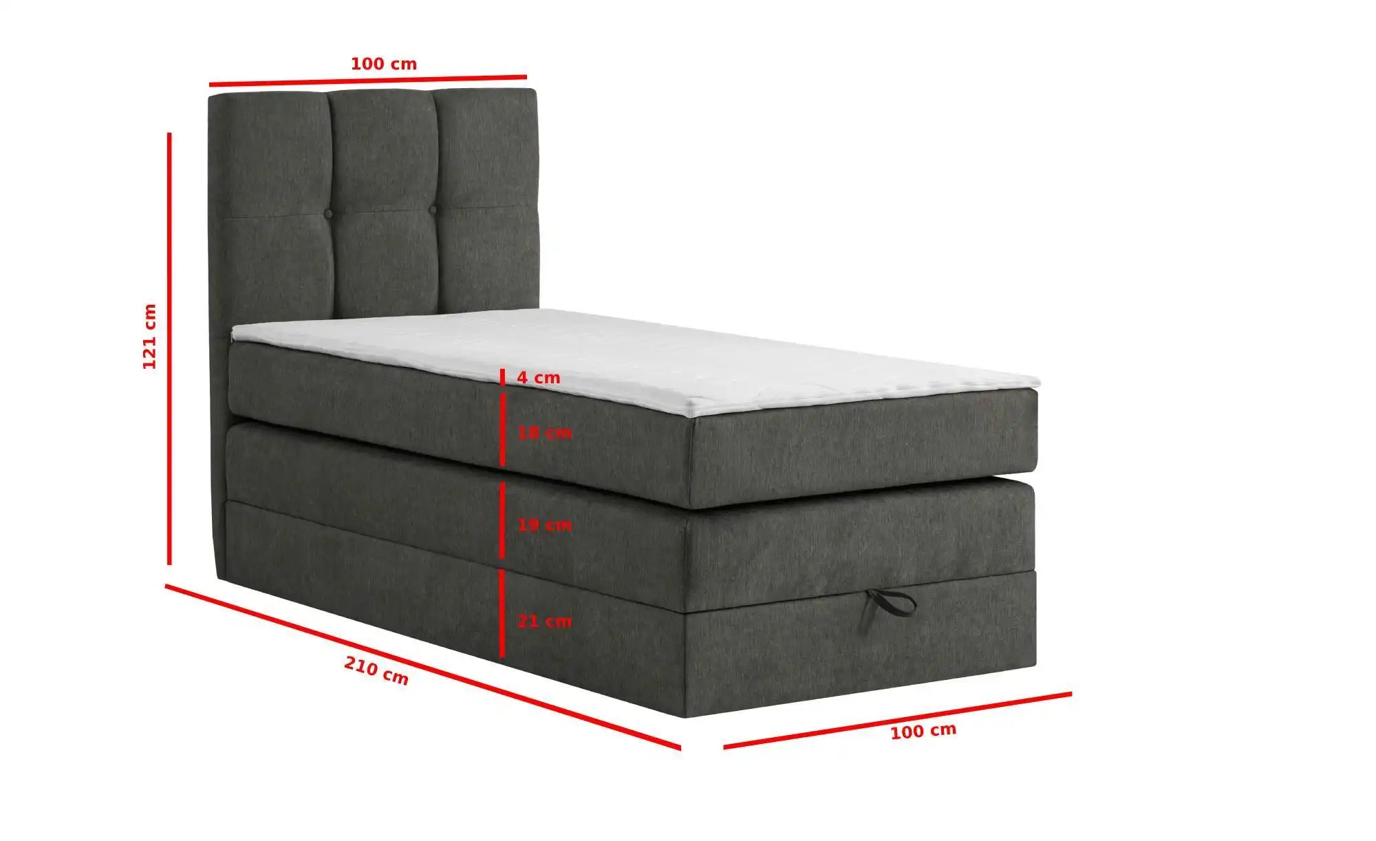Thumbnail - Boxspringbett mit Bettkasten Leeds ¦ grau ¦ Maße (cm): B: 100 H: 121 Betten > Boxspringbetten - Höffner