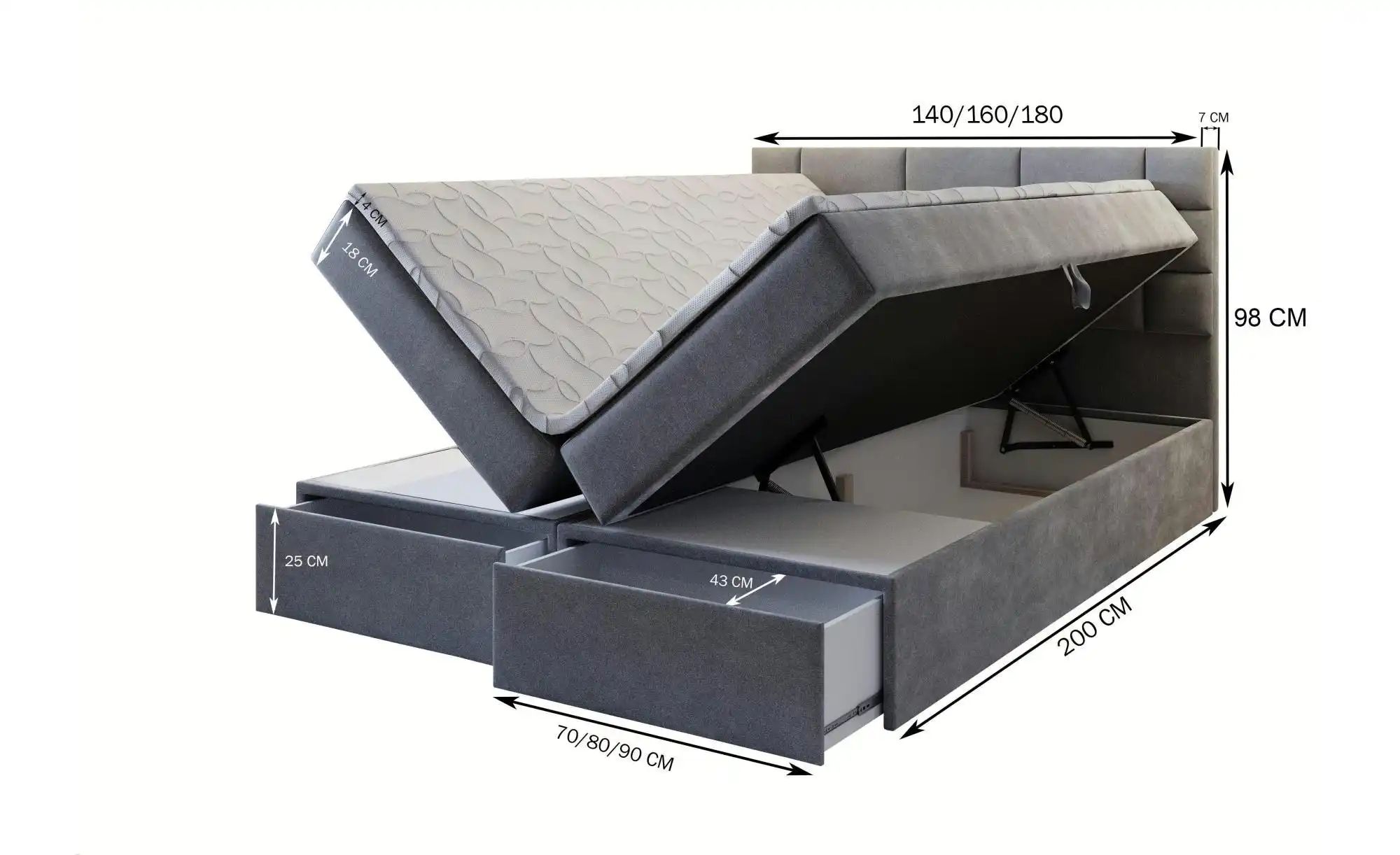 MASSENO Boxbett mit Bettkasten und 2 Schubladen Arinos ¦ grau ¦ Maße (cm): günstig online kaufen