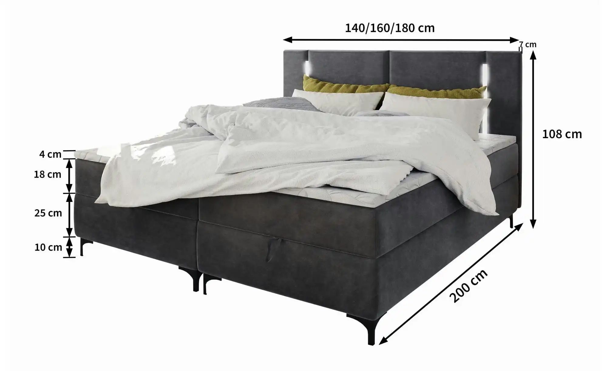 Thumbnail - MASSENO Boxbett mit Bettkasten Alba ¦ grau ¦ Maße (cm): B: 140 H: 108 Betten > Polsterbetten - Höffner