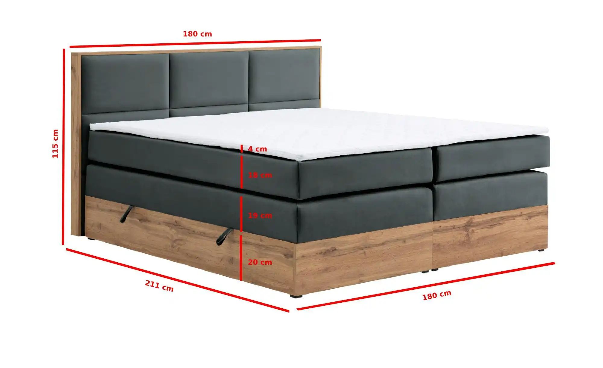 Boxspringbett mit Bettkasten Vancouver ¦ grau ¦ Maße (cm): B: 180 H: 115 Be günstig online kaufen