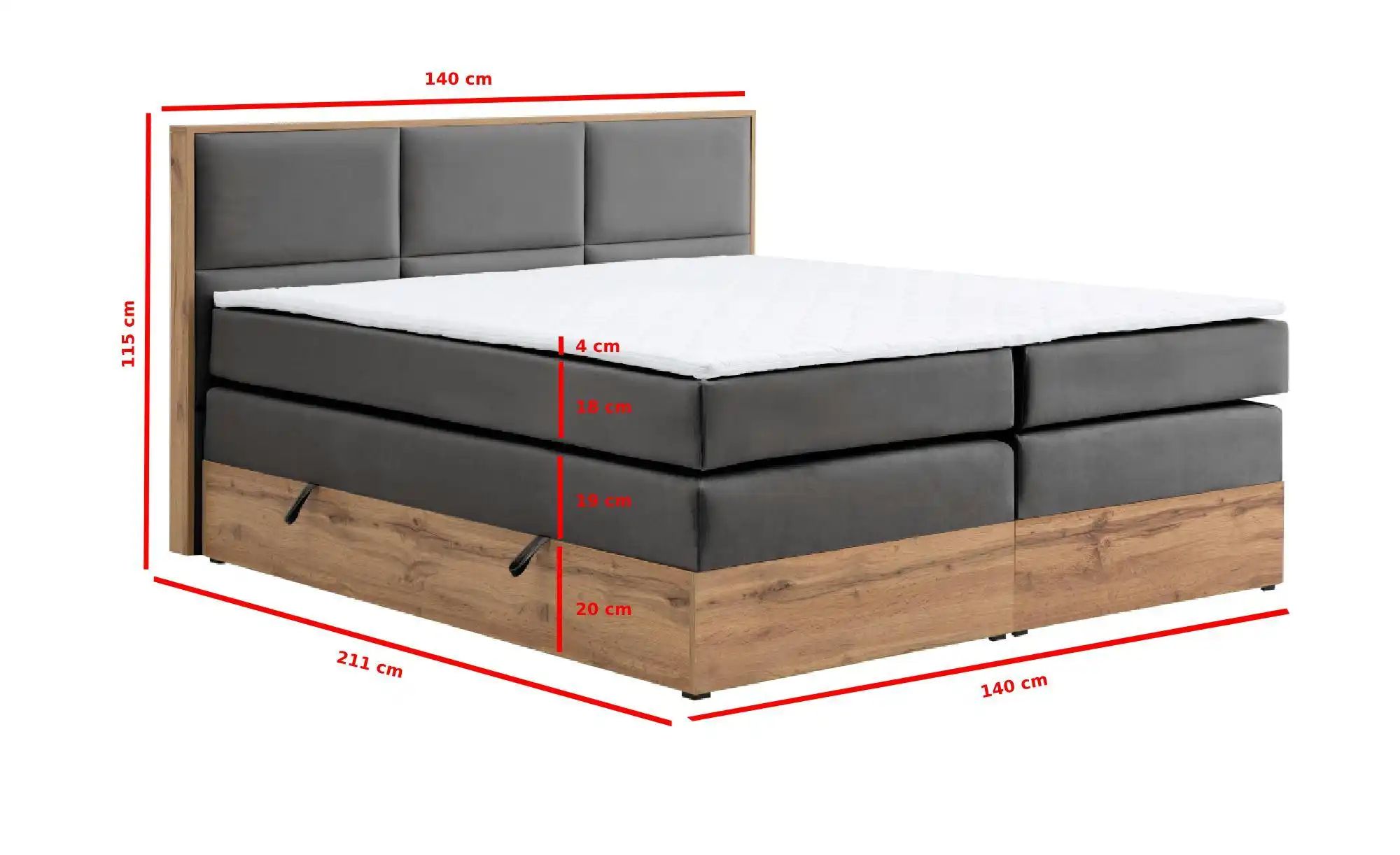 Thumbnail - Boxspringbett mit Bettkasten Vancouver ¦ grau ¦ Maße (cm): B: 140 H: 115 Betten > Boxspringbetten - Höffner