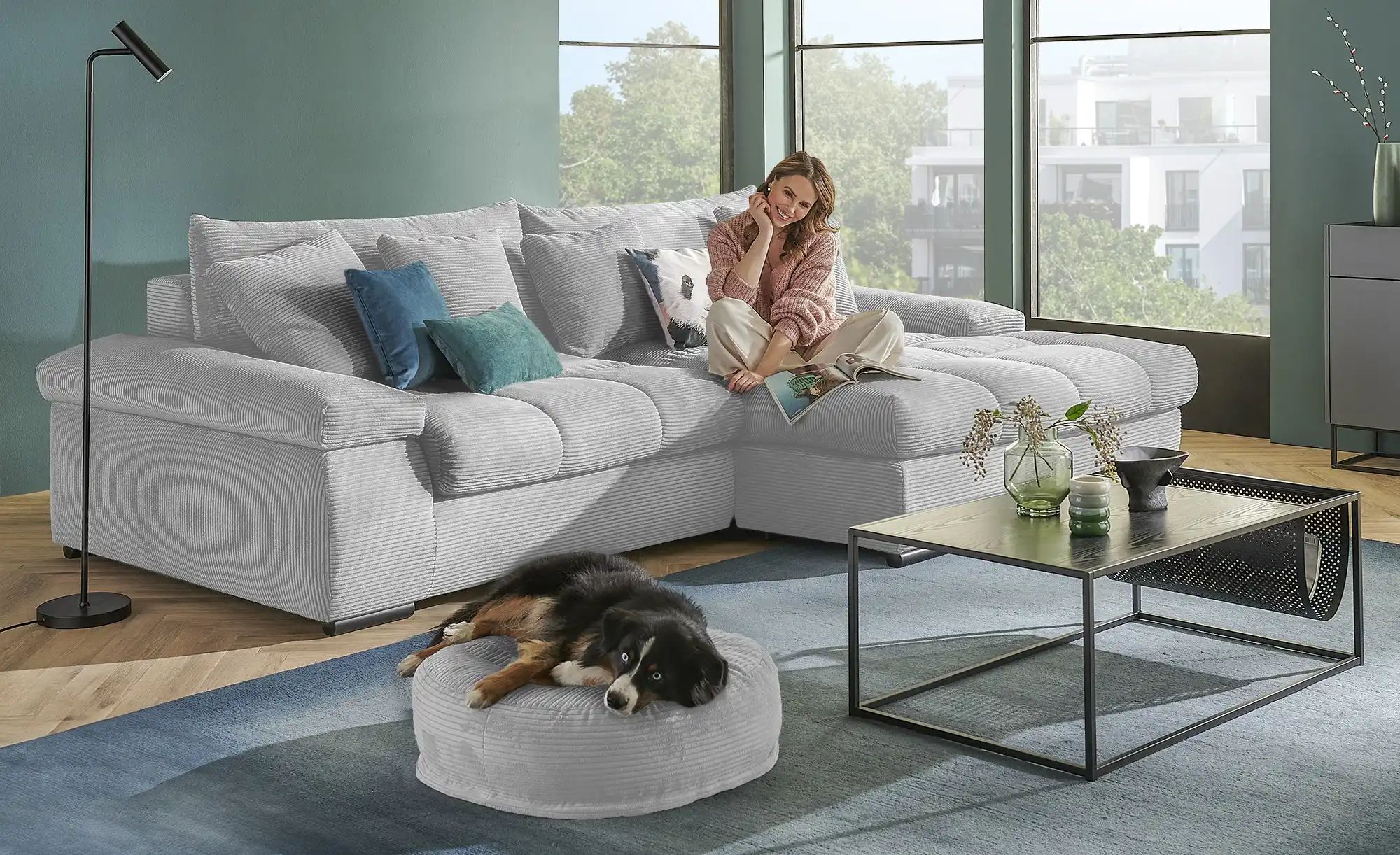 Thumbnail - bobb Ecksofa mit trendigem Cordbezug Hella ¦ grau ¦ Maße (cm): B: 303 H: 96 T: 203.0 Polstermöbel > Sofas > 3-Sitzer - H...