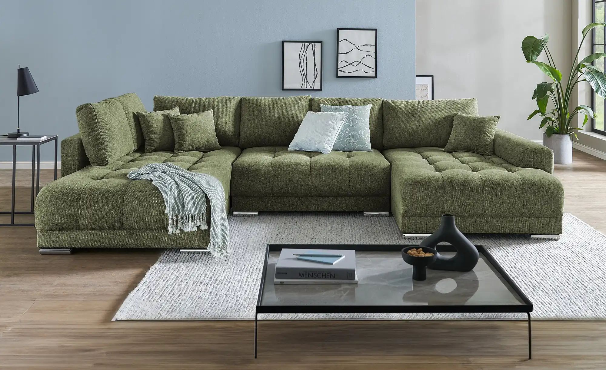 Wohnlandschaft mit Schlaffunktion Lemie ¦ grün ¦ Maße (cm): B: 356 H: 85 T: günstig online kaufen