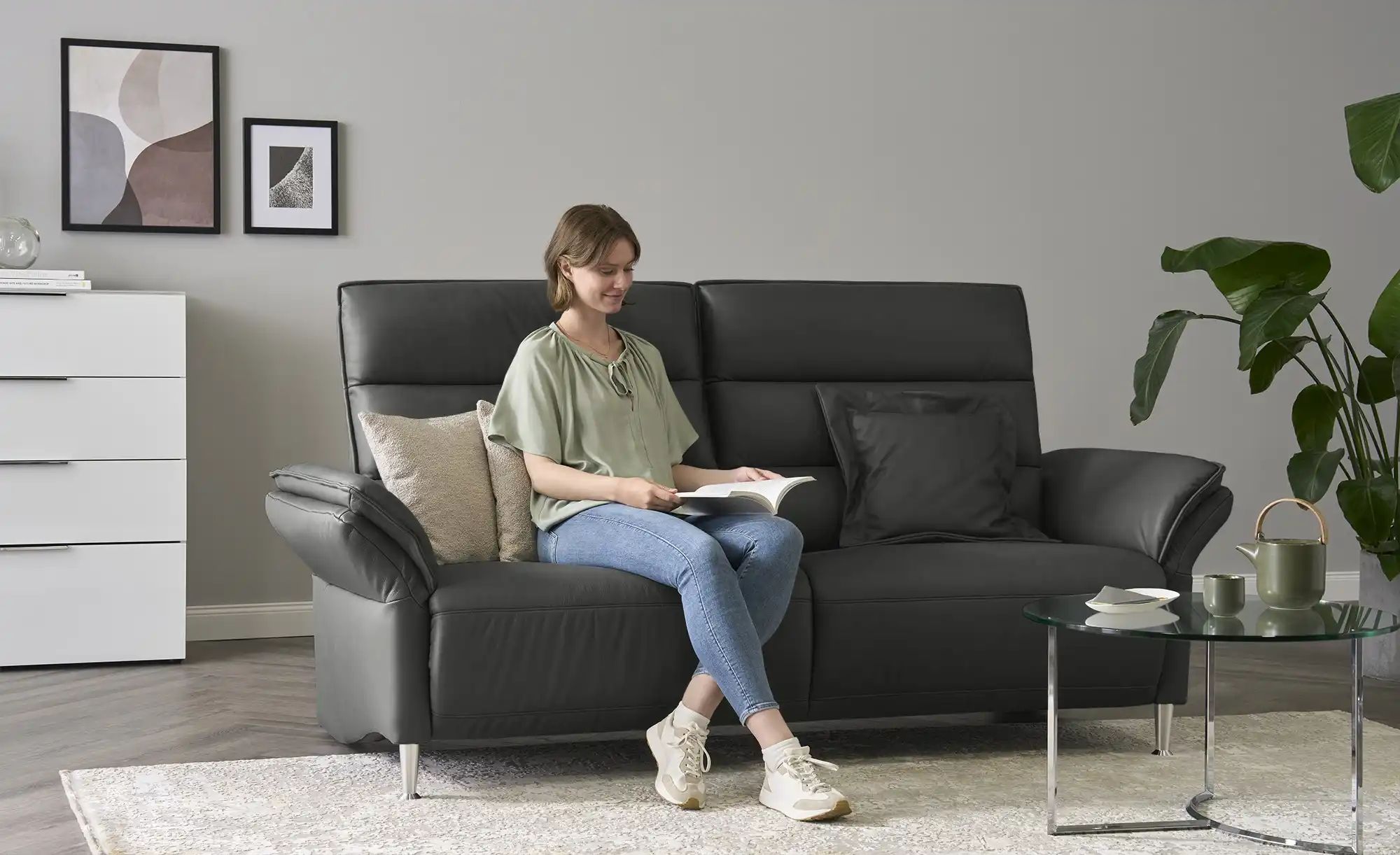 Thumbnail - Wohnwert Einzelsofa Leder Marlena ¦ schwarz ¦ Maße (cm): B: 208 H: 107 T: 97.0 Polstermöbel > Sofas > 3-Sitzer - Höffner