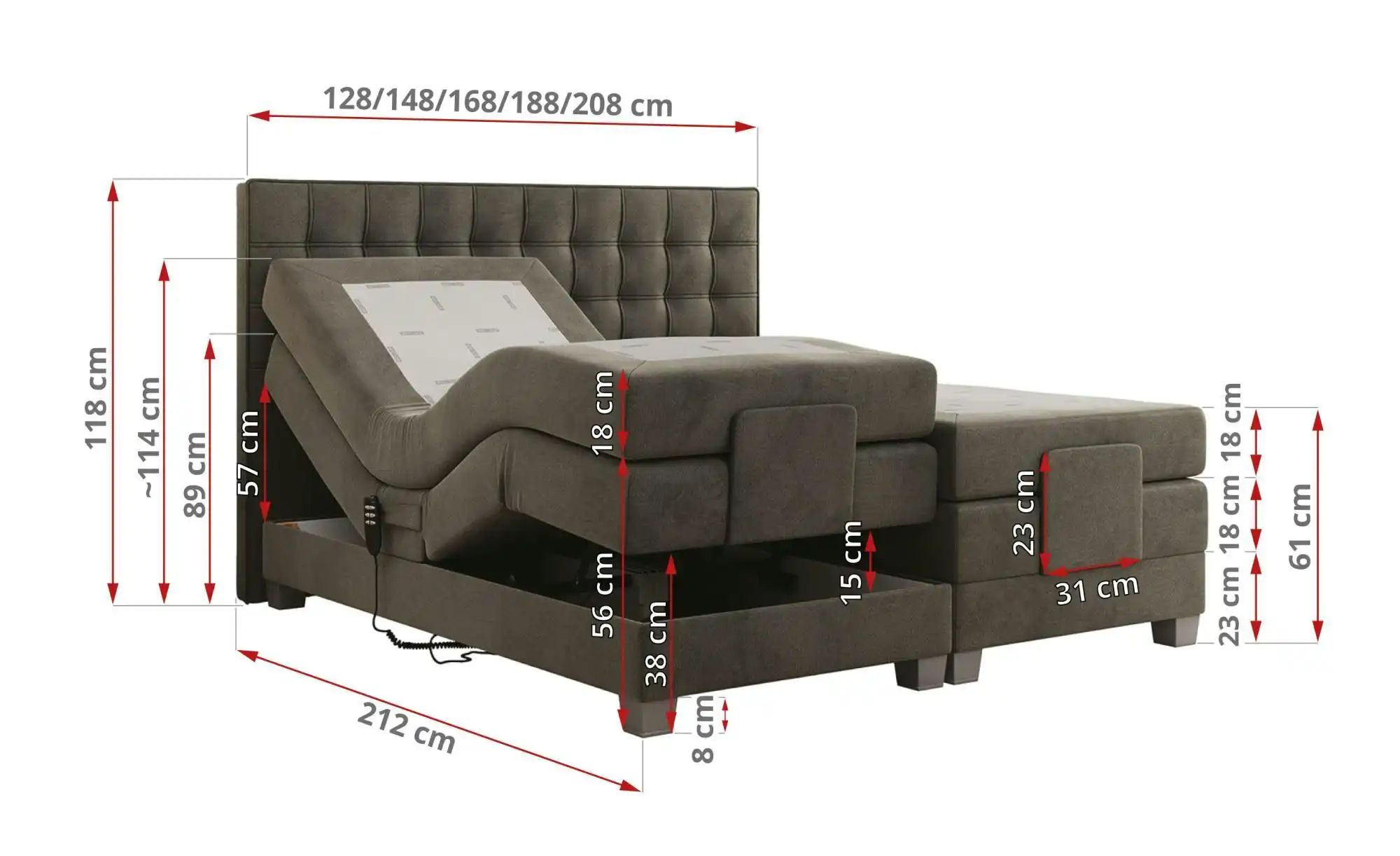 Motor Boxspringbett mit Bettkasten Elektro ¦ grau ¦ Maße (cm): B: 168 H: 11 günstig online kaufen