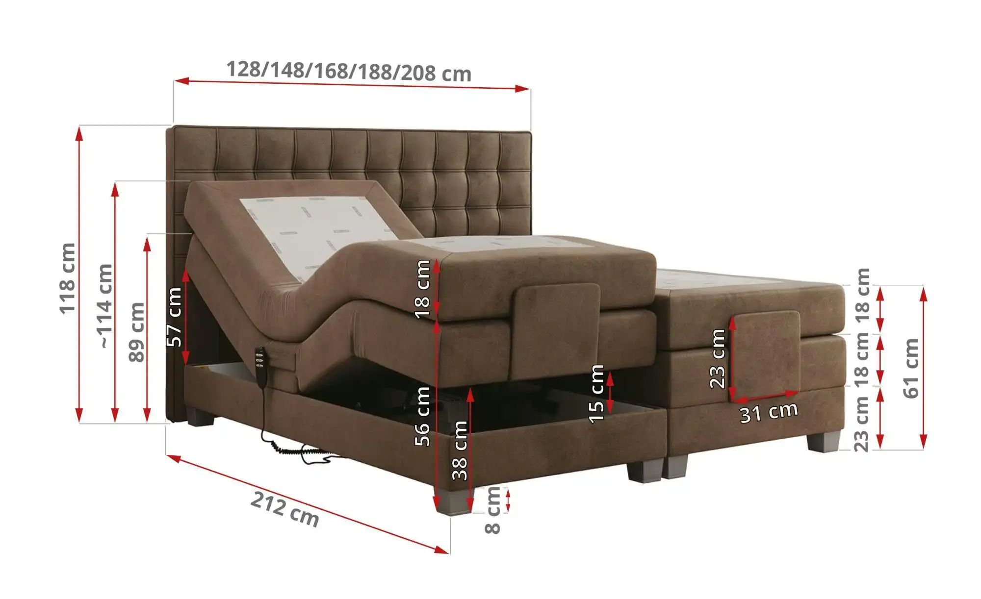 Thumbnail - Motor Boxspringbett mit Bettkasten Elektro ¦ braun ¦ Maße (cm): B: 208 H: 118 Betten > Komfortbetten - Höffner